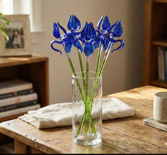 Handblown 15” Glass Iris Flower – Blown Glass Blue Iris Stem, Realistic Floral Art, Handmade Glass Home Decor & Unique Gift Idea