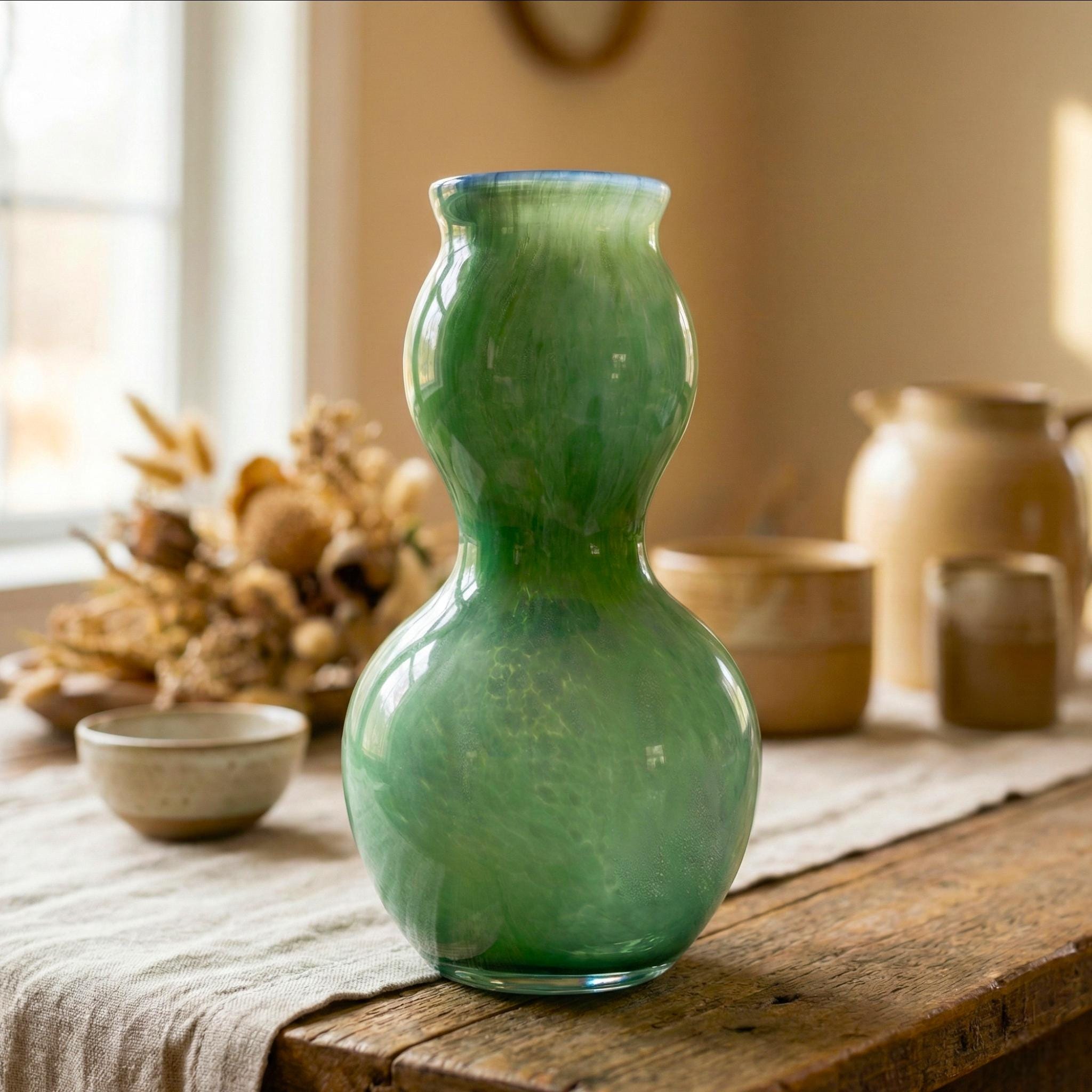 Green Blown Glass Vase | Art Deco Vase | Dark Green Murano Glass Vase | Double Gourd Vase Green Vase Home Decor Gift For Her