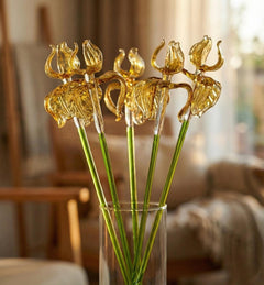 Golden Iris Handblown Glass Flower – Elegant Long Stem Botanical Art, Timeless Gift for Birthdays, Anniversaries & Mother’s Day
