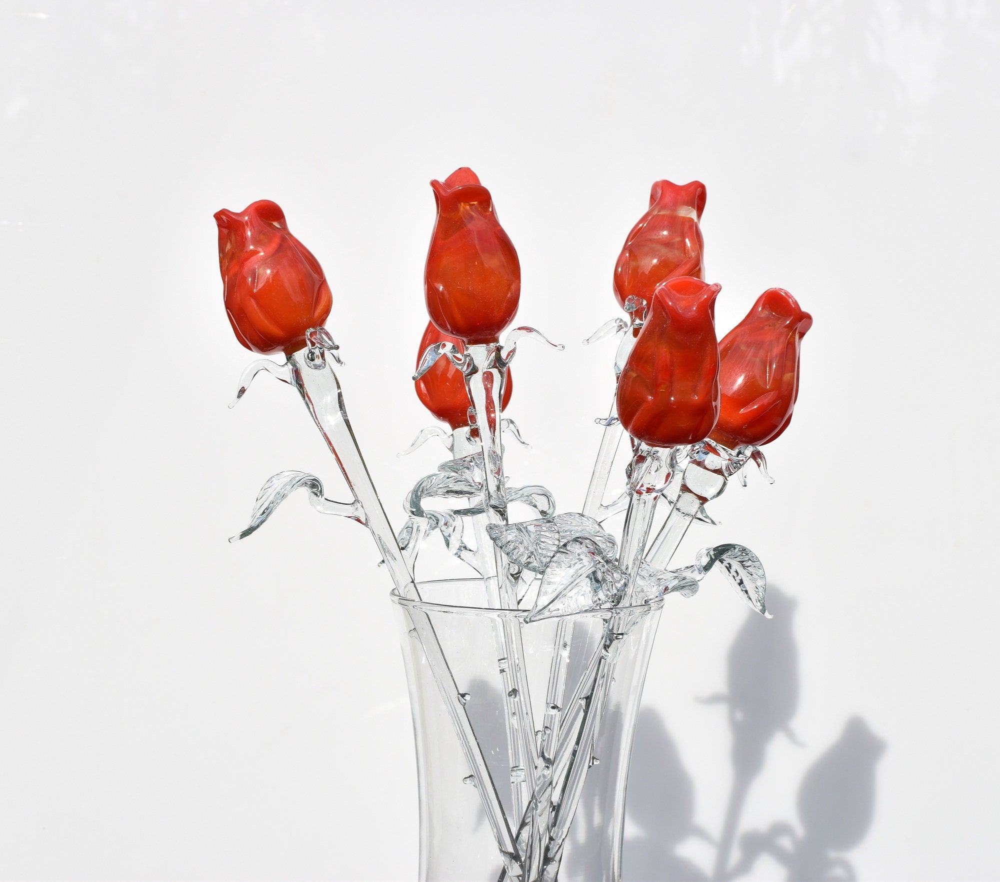 Handmade Orange-Red Glass Rose: Flame Work Sculpture, 14-inch