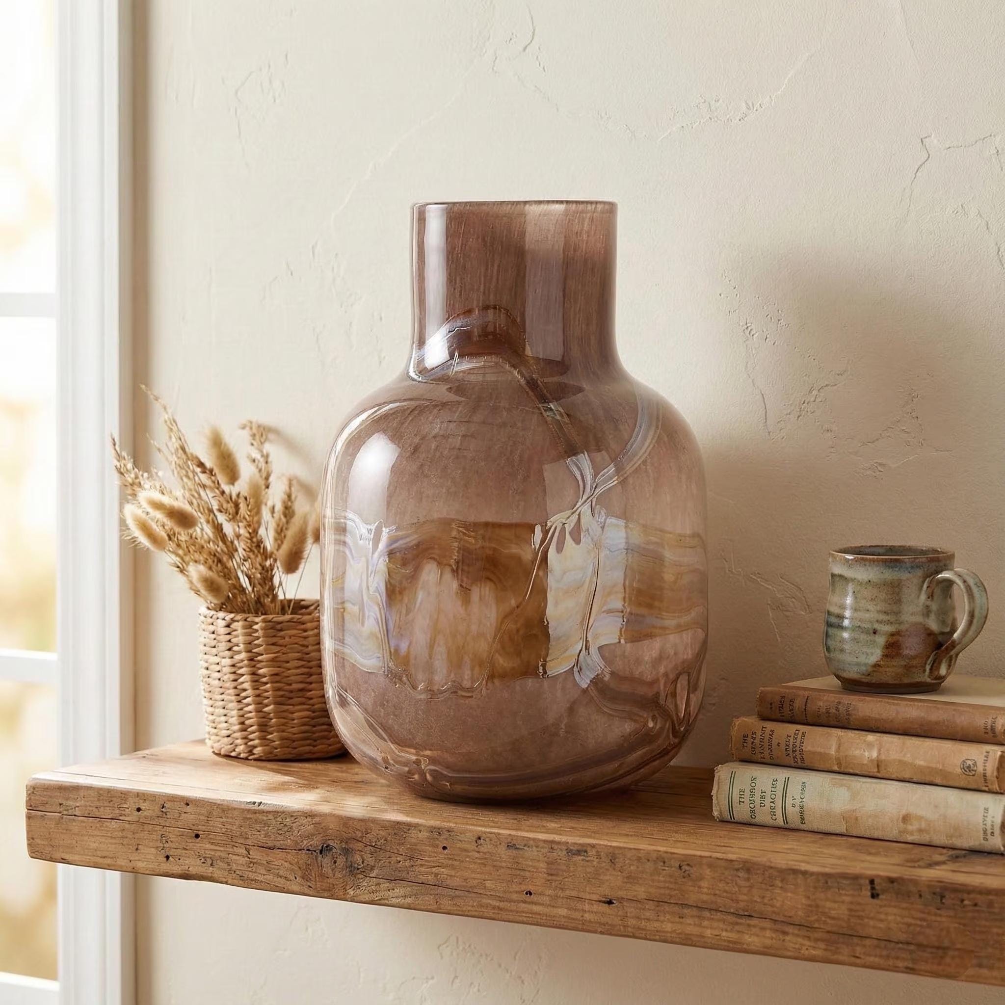 Golden Amber Striped Glass Vase