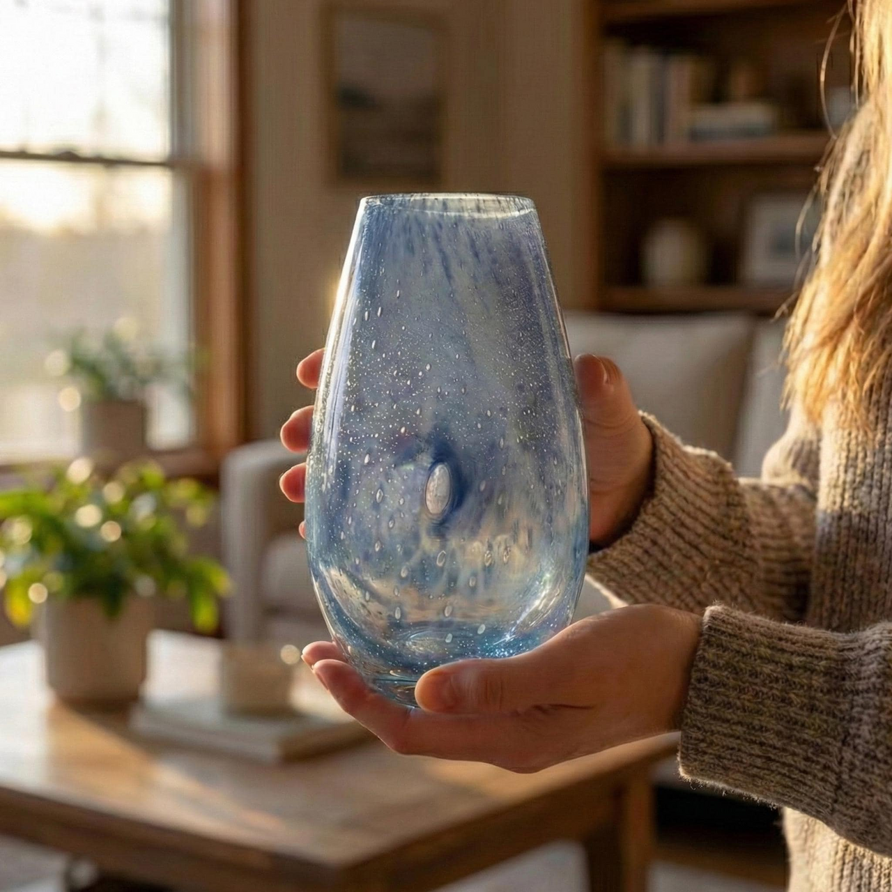 Small Hand-Blown Blue Glass Vase – Murano-Style Art Decor