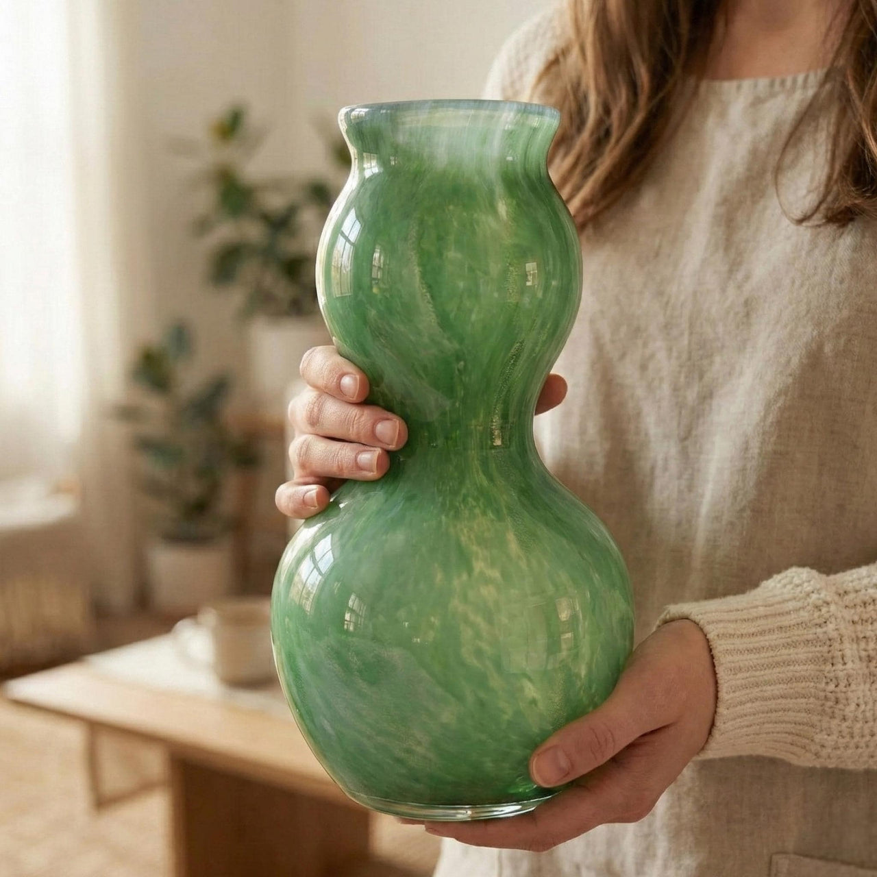 Green Blown Glass Vase | Art Deco Vase | Dark Green Murano Glass Vase | Double Gourd Vase Green Vase Home Decor Gift For Her