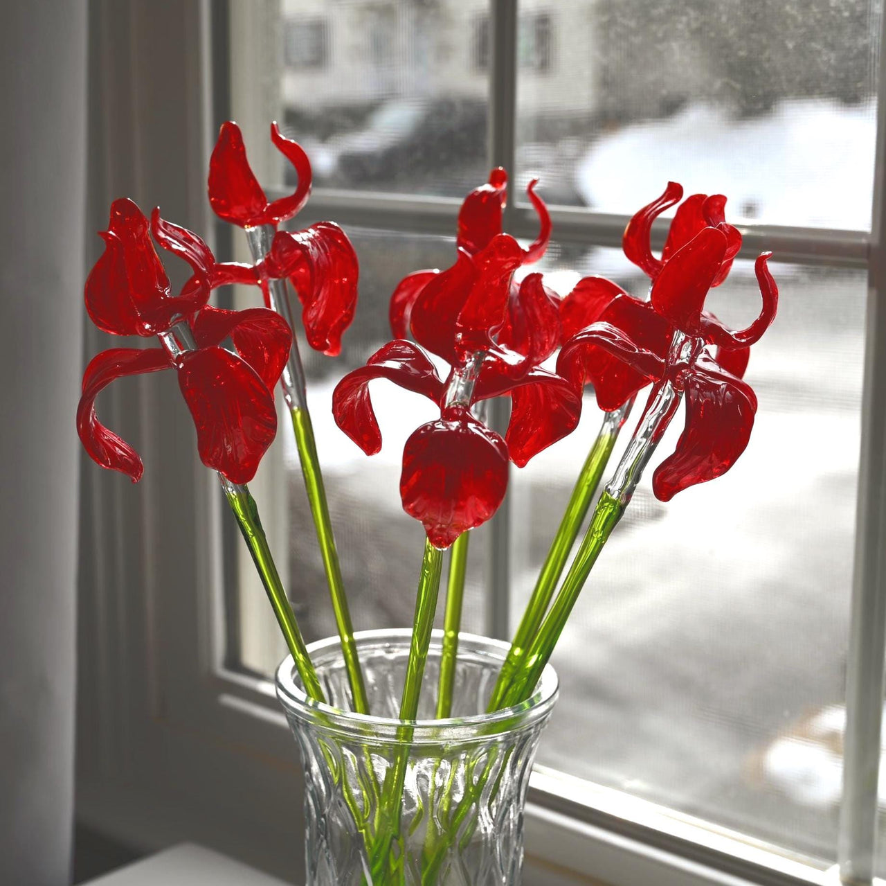 Glass Iris Flowers Bouquet, Red Glass Flowers, Forever Flowers, Glass Birth Month Flower, Hand Blown Glass Iris Gift Art, Mothers Day Gifts