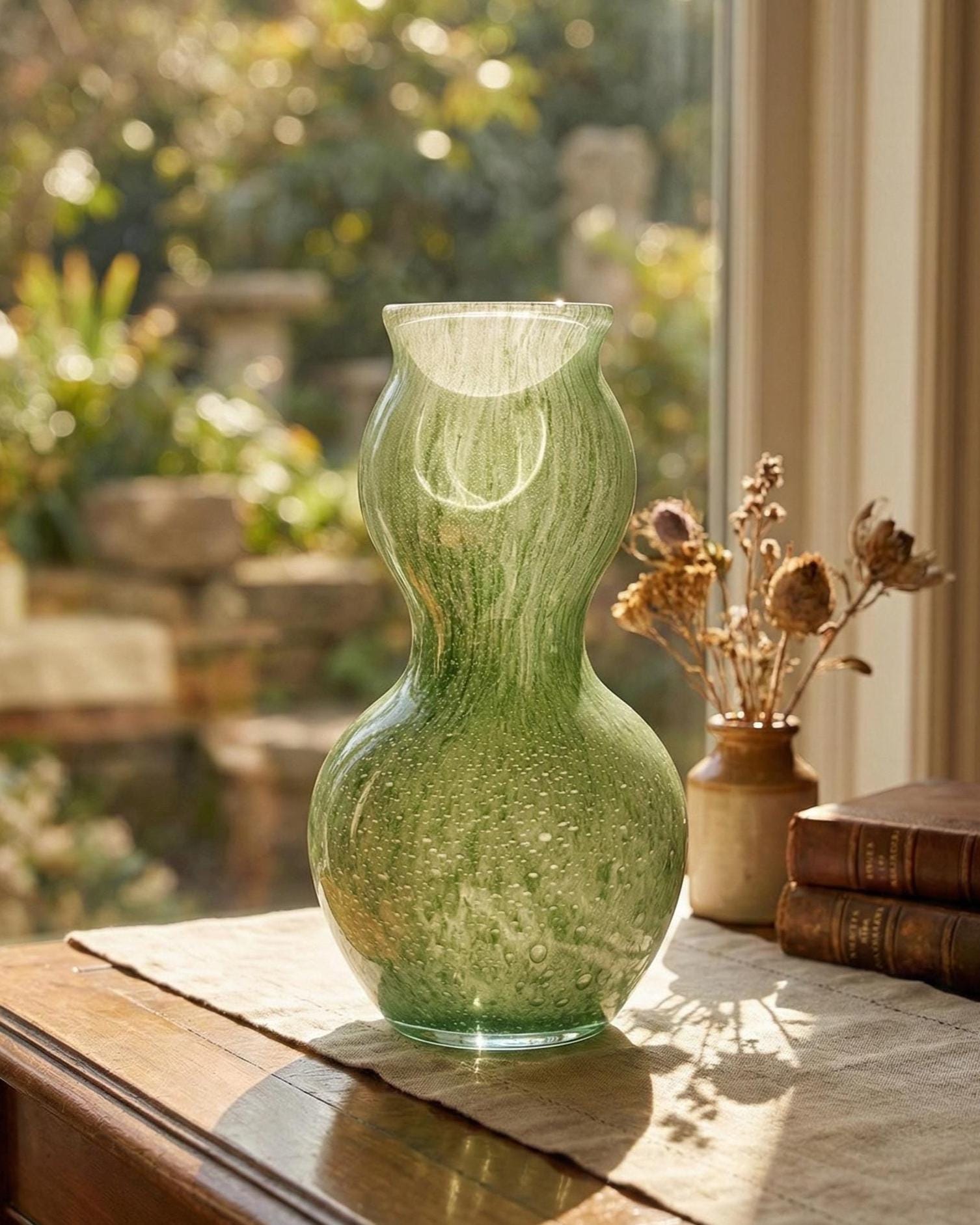 Sage Green Vase - Double Gourd Hand Blown Glass Vase - Art Deco Vase - Murano Glass Vase - Vase for Flowers  - Modern Art Glass Home Decor
