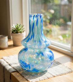 Hand Blown Blue White & Green Glass Vase
