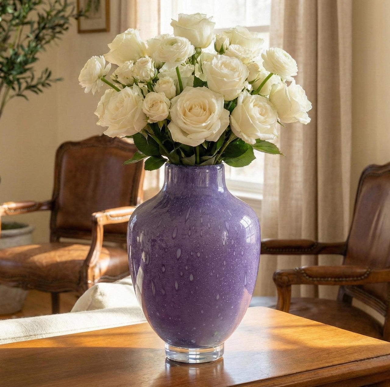 Purple Glass Vase - Purple Vases for Flowers, Hand Blown Glass Vase, Large Vase - Handmade Vase for Flowers, Spring Decor, Birthday Gift
