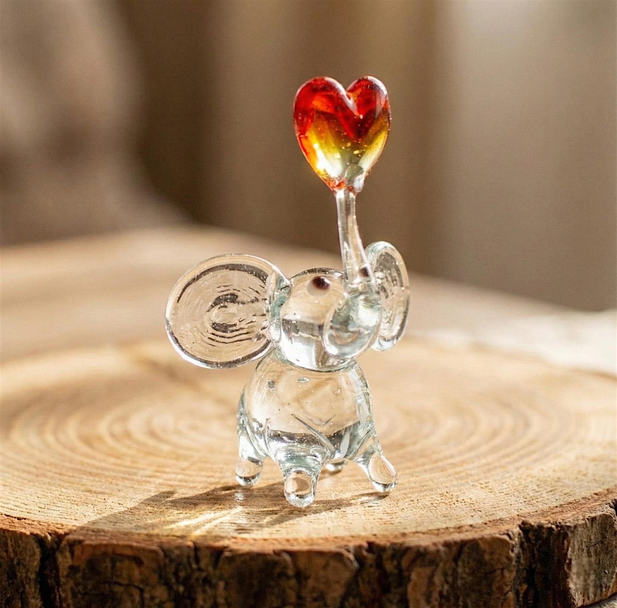 Handmade Glass Elephant Figurine With Heart, Elephant Figurine, Mothers Day Gifts, Blown Glass Animal, Cute Desk Decor, Elephant Gifts,