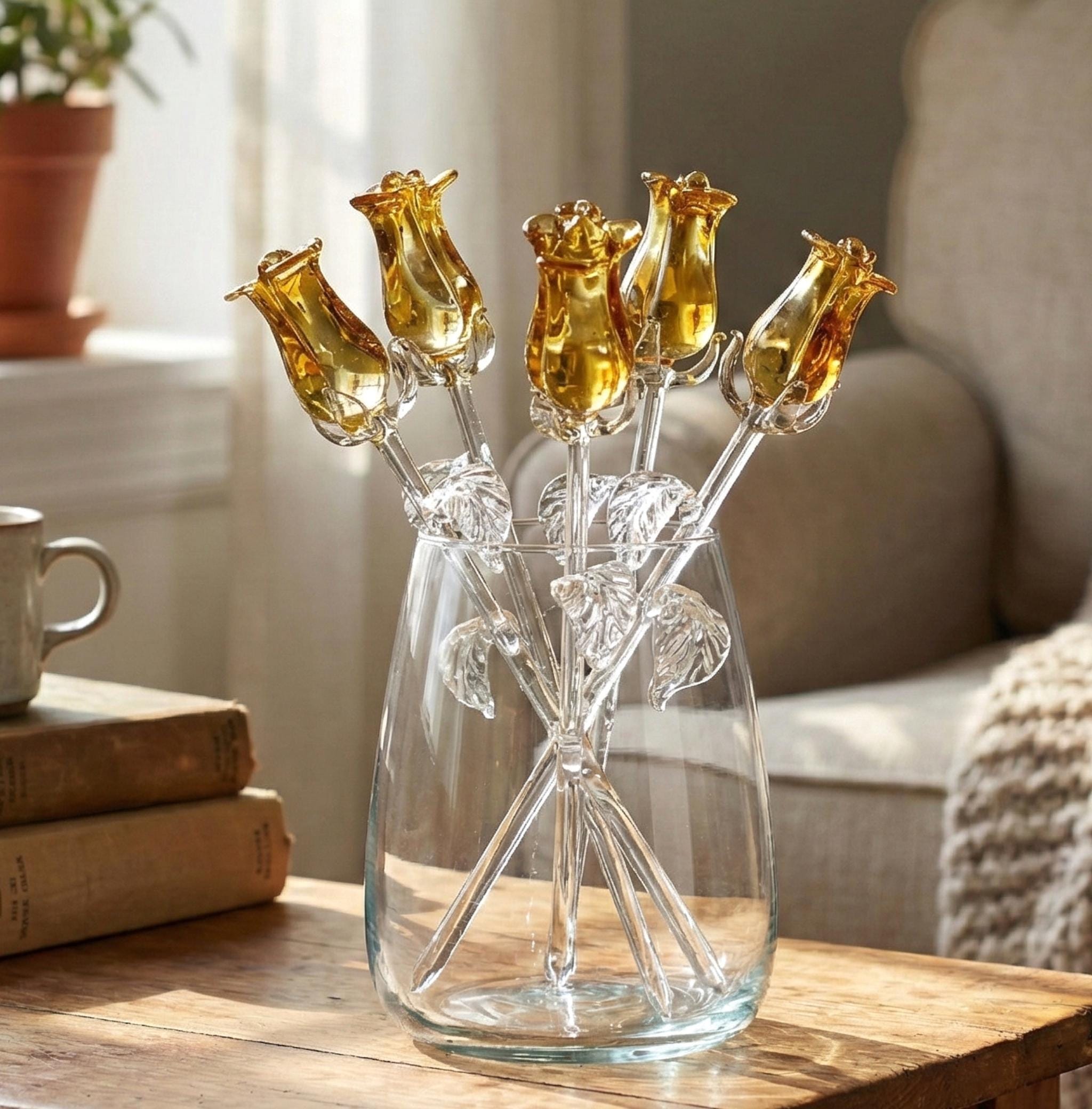 Forever Rose, Gold Glass Roses, Glass Flowers Bouquet, Eternal Rose, Mothers Day Gifts, Spring Decor, Friendship Gift, Blown Glass Flowers