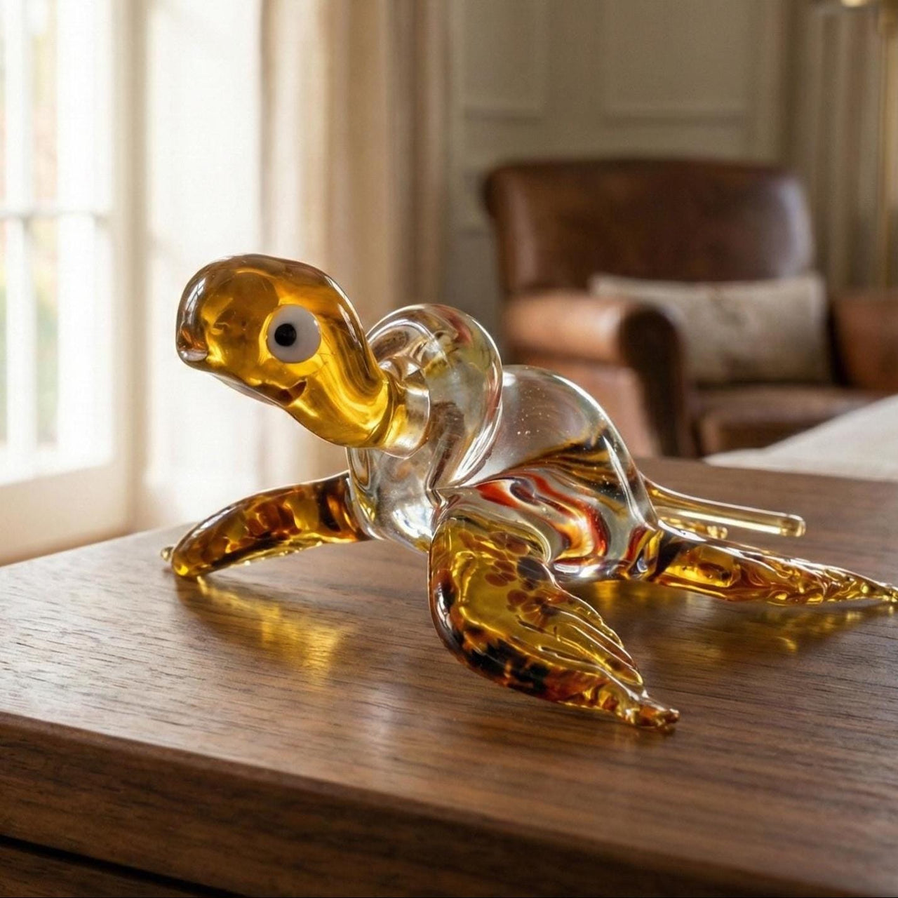 Sea Turtle Gifts, Large Glass Sea Turtle, Coastal Decor, Amber Turtle Figurine, Glass Animals, Ocean Art, Blown Glass Turtle Art Gift