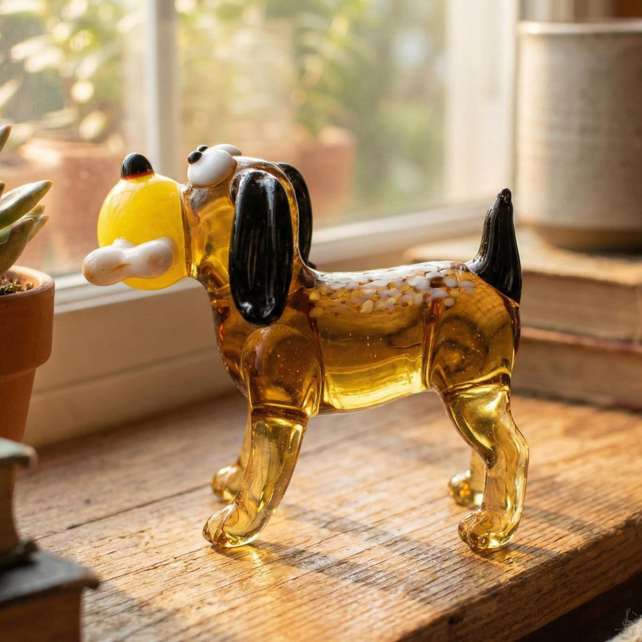 Amber Glass Dog Statue, Beagle Dog Playing Fetch, Dog Figurine, Hound Dog, Dog With Ball, Dog Lover Gift, Amber Glass, Hand Blown Art