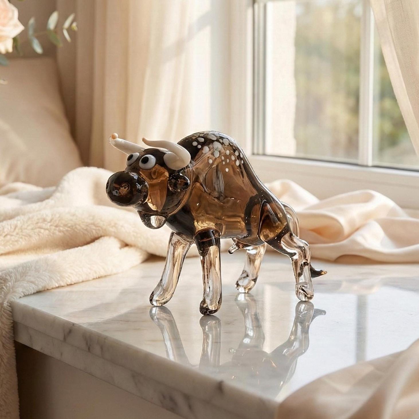 Glass Bull, Glass Bull Figurine, Bull Statue, Bull Sculpture, Brown Glass Bull, Glass Sculpture, Glass Animals, Blown Glass Animals, Artwork