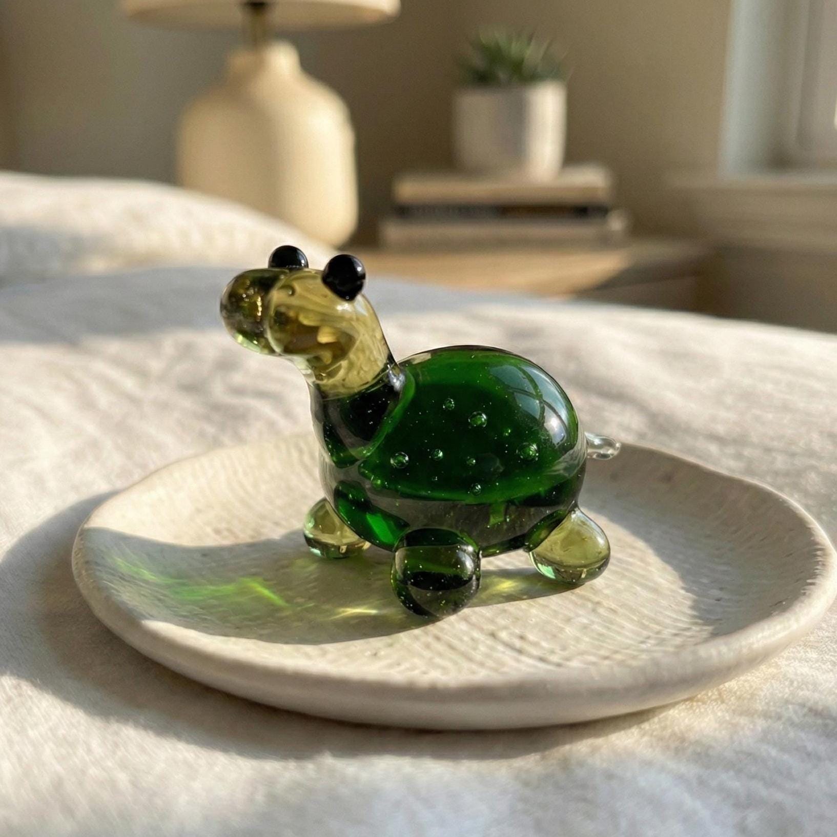 Glass Turtle Figurine - Tiny Glass Turtle Gift - Blown Miniature Glass Animal - Small Green Glass Turtle Decor
