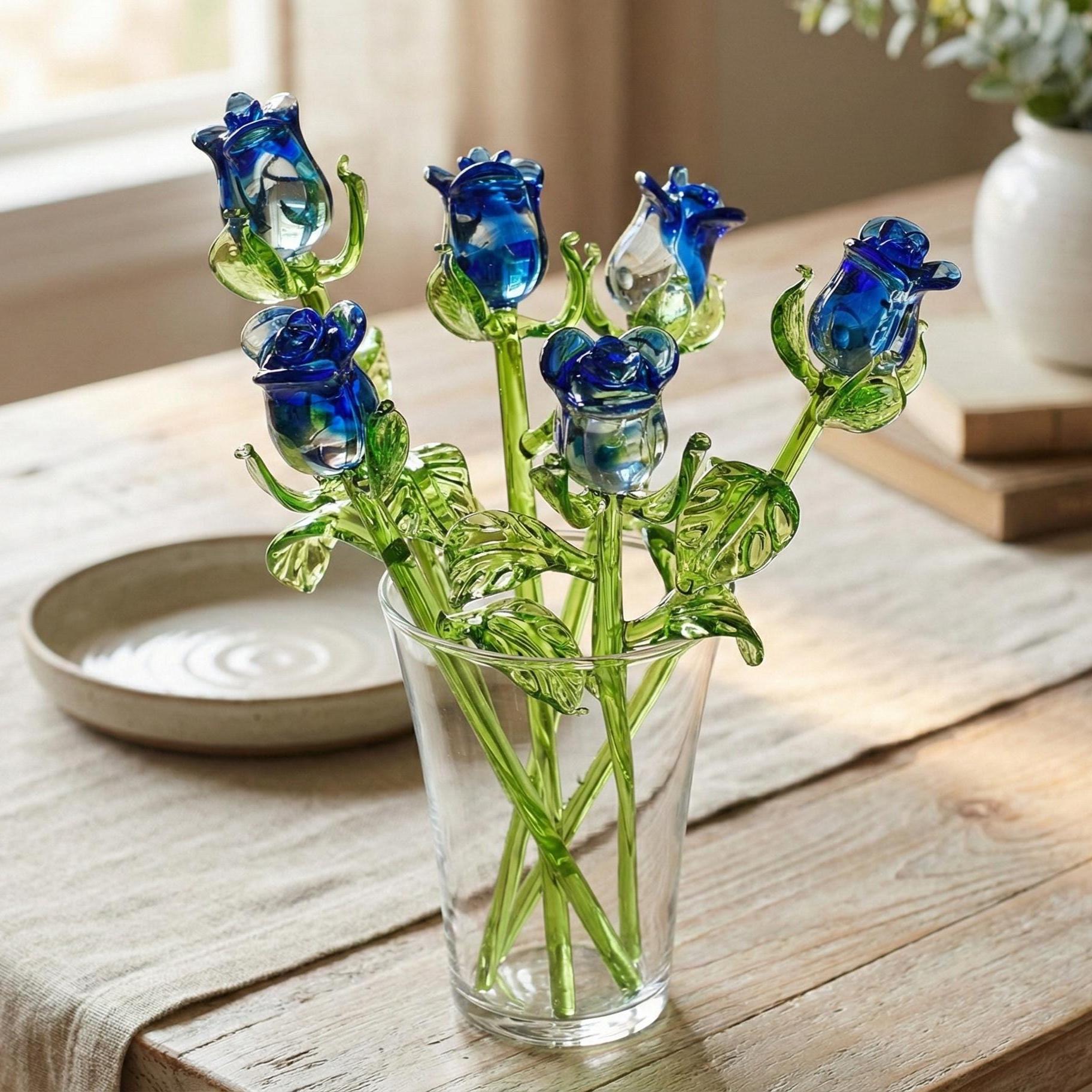 Hand Blown Blue Glass Roses - Blown Glass Flowers - Mothers Day Glass Rose Gift for Her