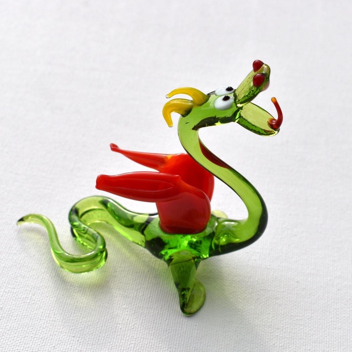 Dragon Statue, Fantasy Decor, Green Glass Dragon, Glass Sculpture, Dragon Gifts, Dragon Decor, Fantasy Art, Red Wings, Blown Glass, Art