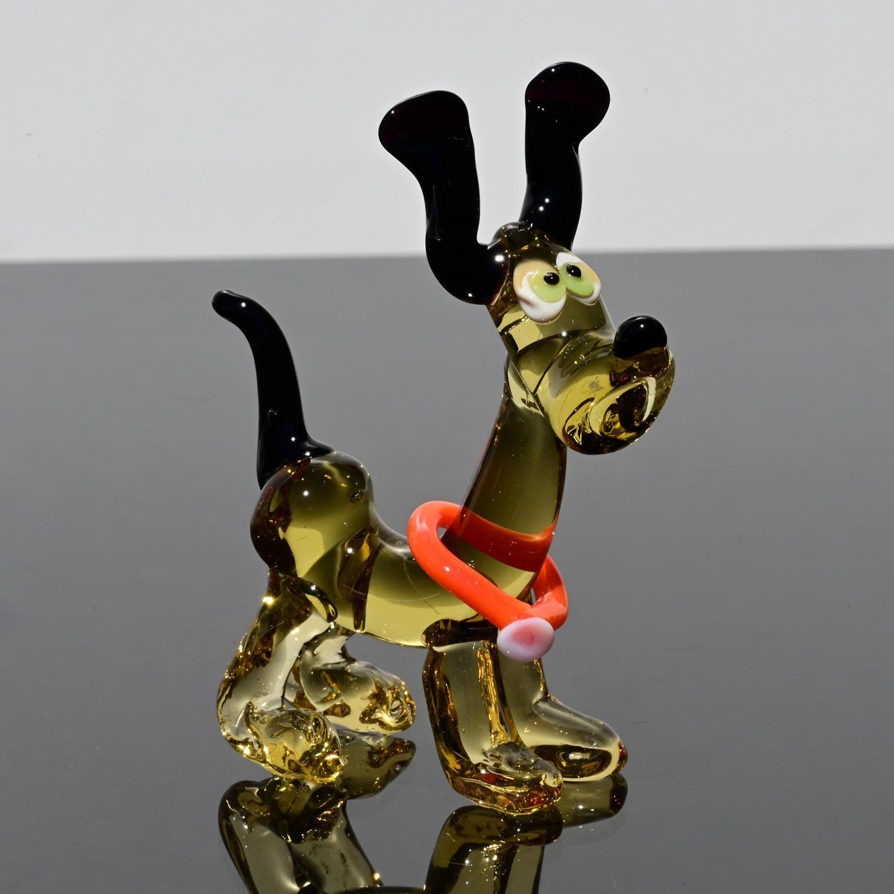 Whimsical Cartoon Dog Figurine, Dog Statue, Blown Glass Animals, Puppy, Dog Memorial Gift, Glass Dog, Hound Dog, Red Collar, Art