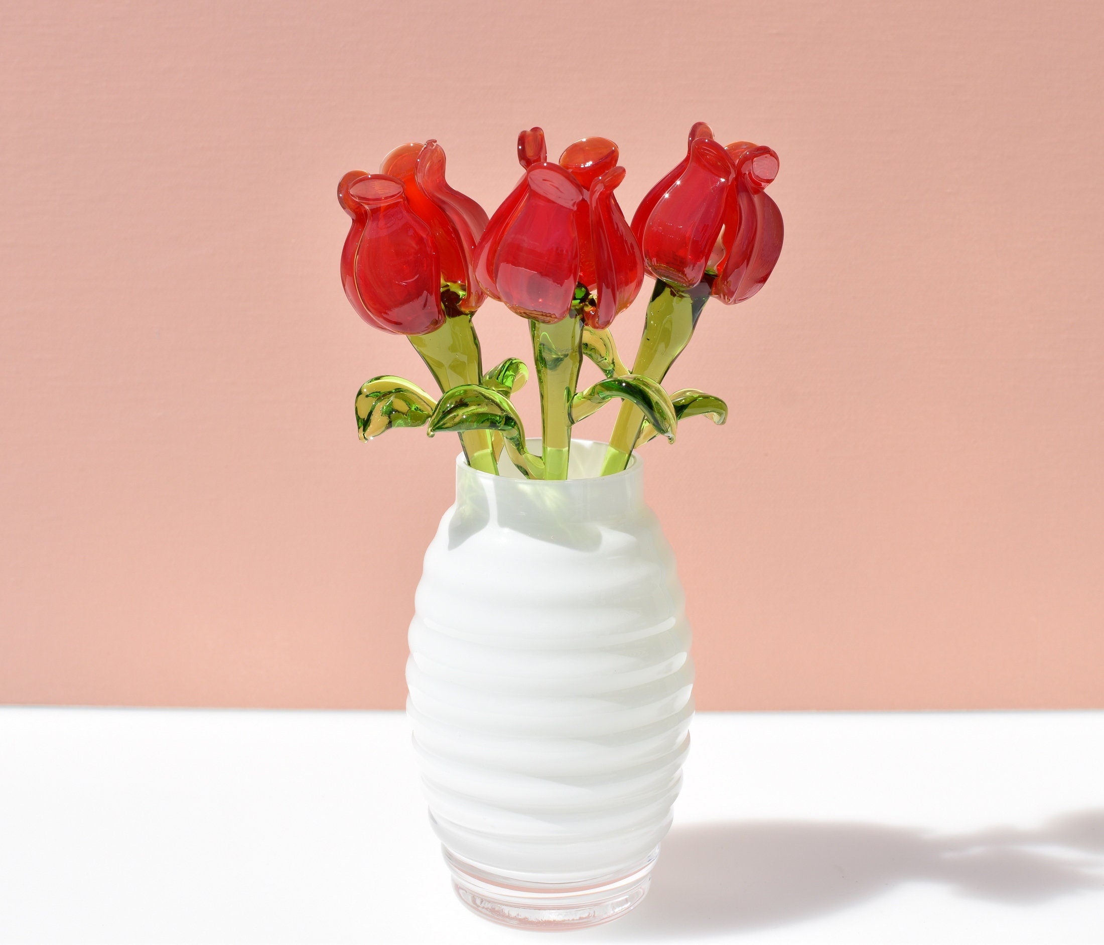 Red Glass Tulips, Glass Flowers Bouquet, Forever Flower, Mothers Day Gifts, Tulip Decor, Spring Decor, Blown Glass Art, Red Tulip Gift