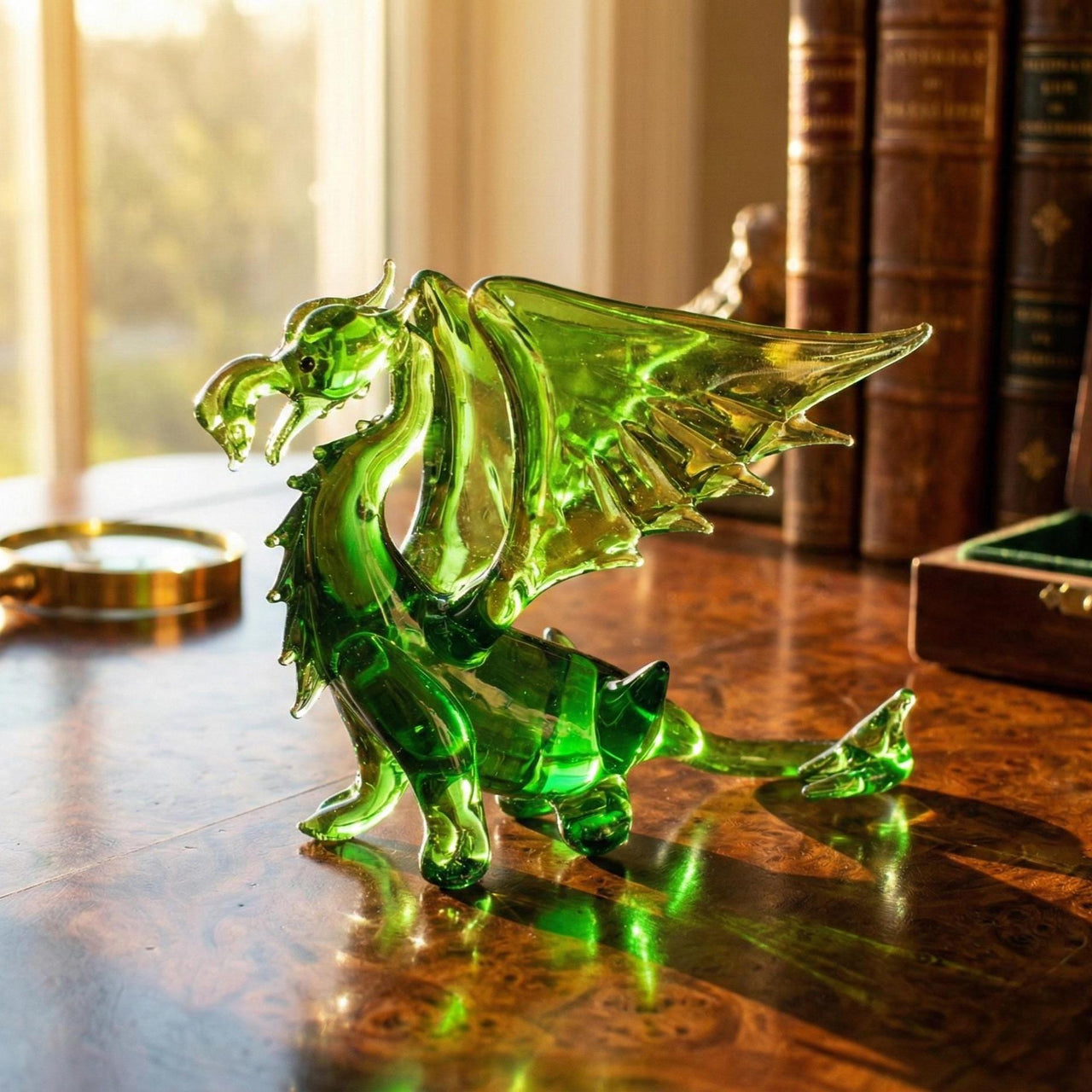 Dragon Statue, Fantasy Decor, Green Glass Dragon, Glass Sculpture, Dragon Gifts, Dragon Decor, Fantasy Art, Blown Glass Animals, 5 Inch