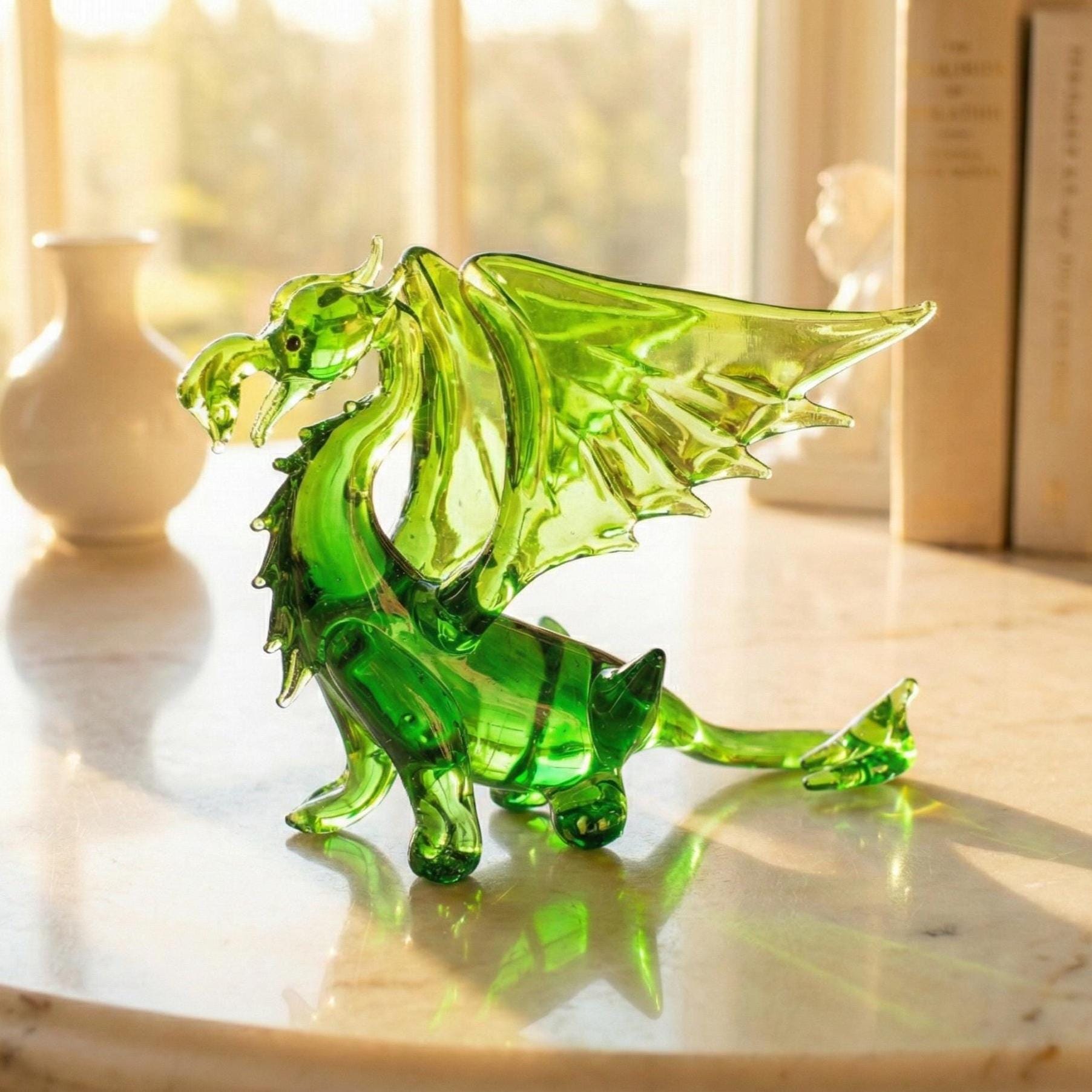 Dragon Statue, Fantasy Decor, Green Glass Dragon, Glass Sculpture, Dragon Gifts, Dragon Decor, Fantasy Art, Blown Glass Animals, 5 Inch