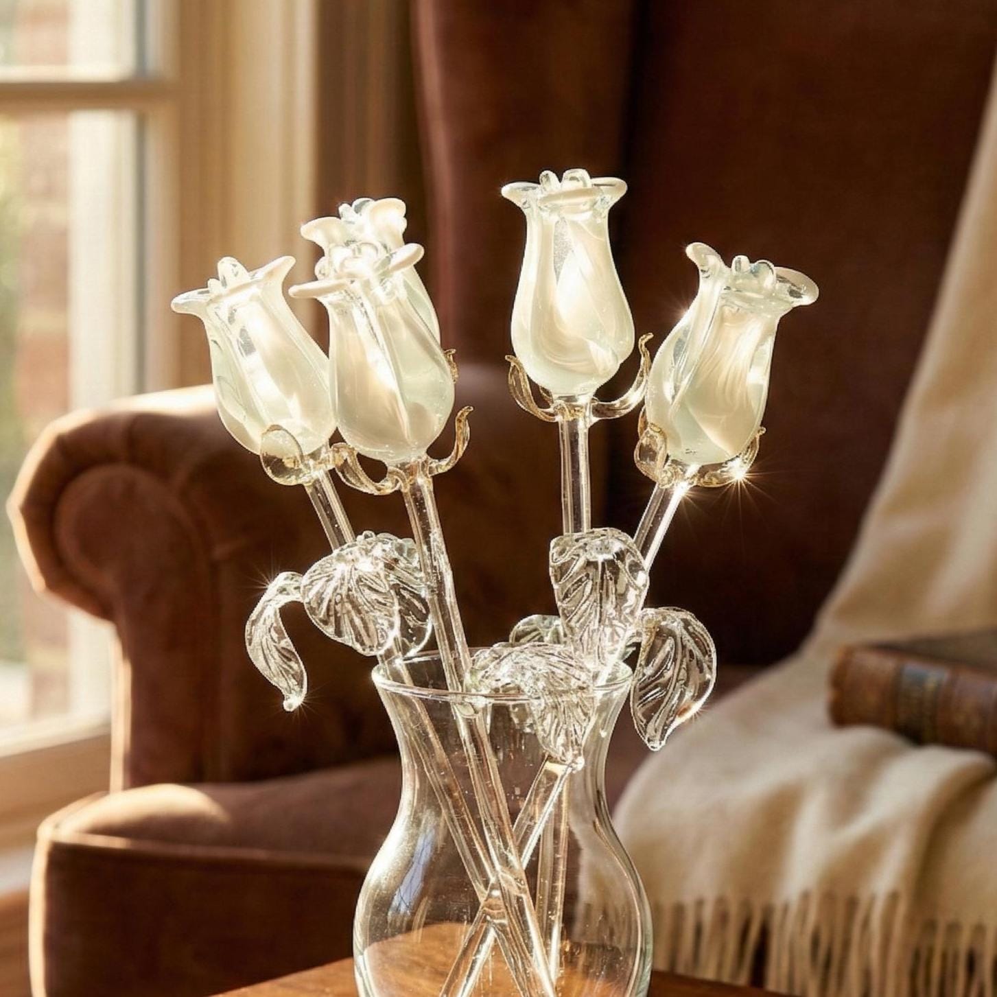 Glass Flower Bouquet - Handmade Glass Flowers Rose - Blown Glass Flowers - White Glass Rose - Mothers Day Gifts for Her