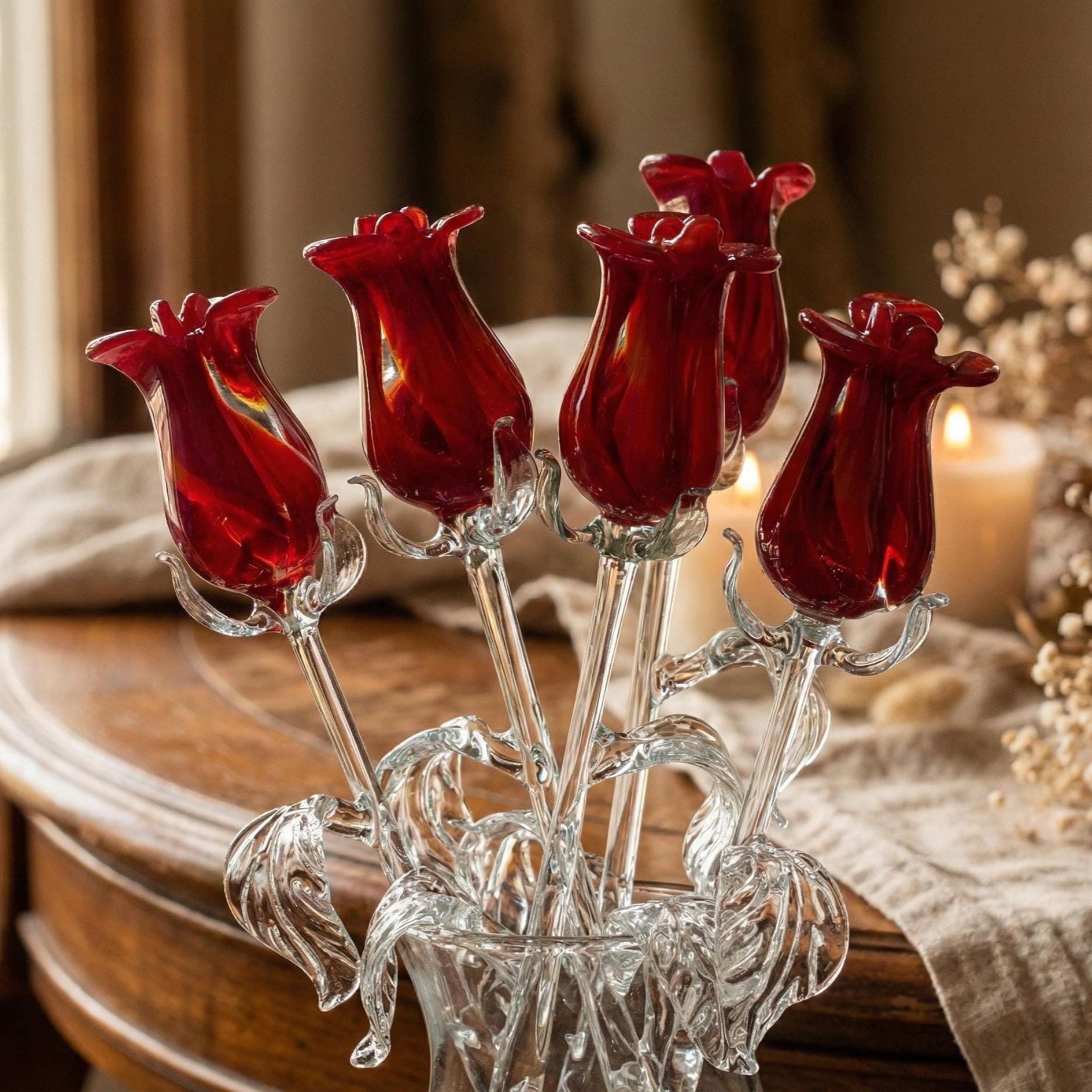 Red Glass Rose, Glass Roses, Glass Flower Bouquet, Eternal Rose Bouquet, Mothers Day Gifts, Blown Glass Flowers, Spring Decor, Easter Decor