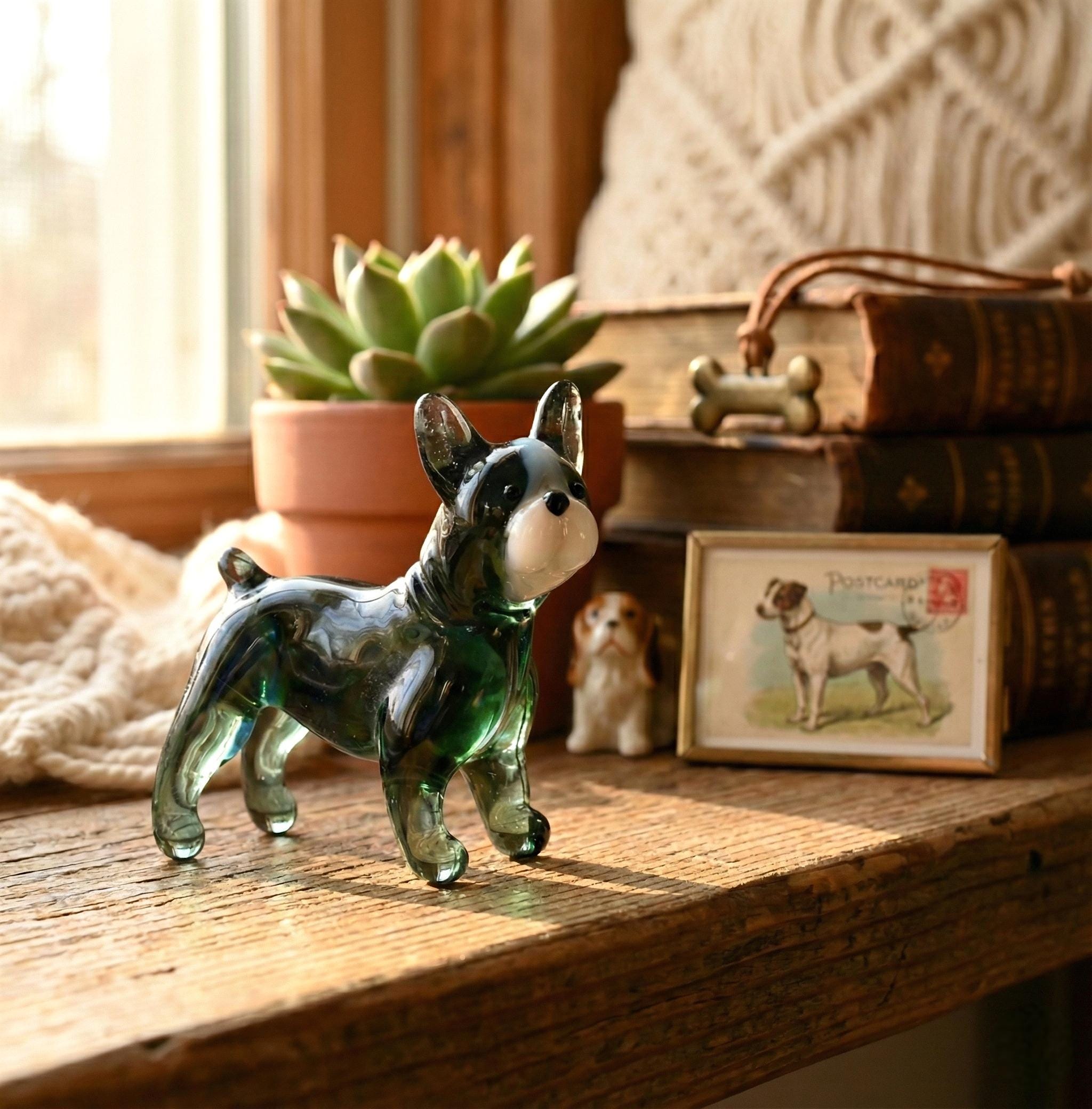 Green Glass French Bulldog, Frenchie Gifts, French Bulldog Art, Blown Glass Animals, Dog Figurine, Cute Glass Dog, Frenchie Mom Decor