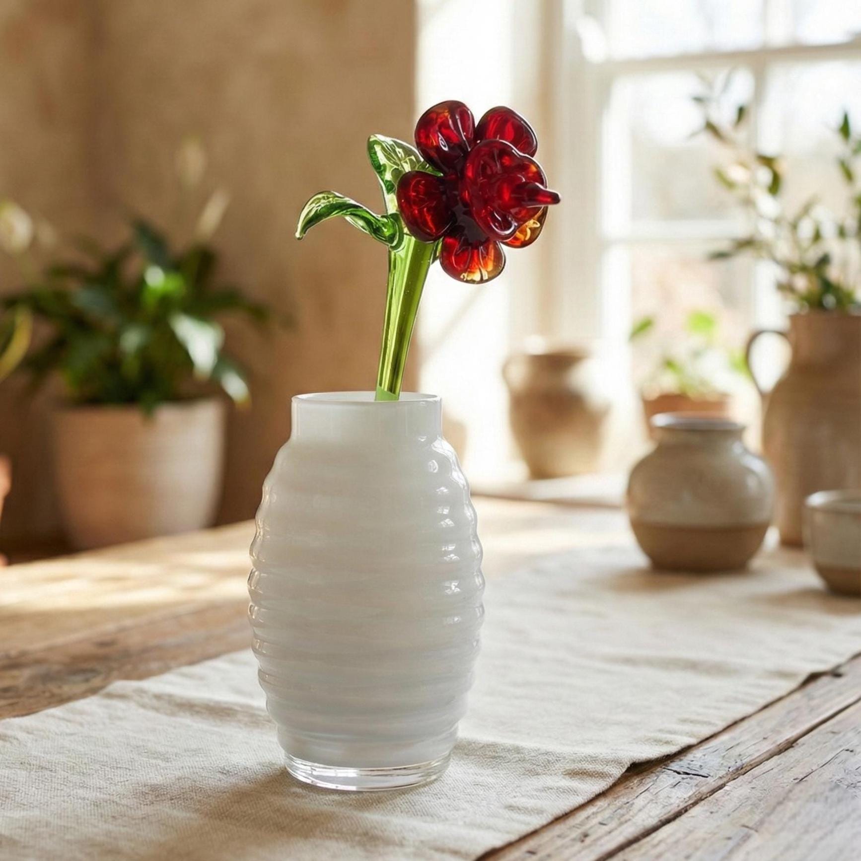 Hand Blown Red Glass Flower Sculpture: Flame Work Art Glass