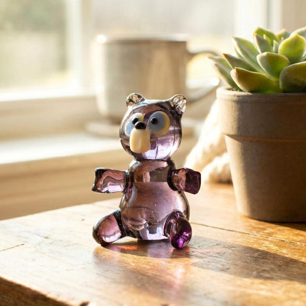 Handmade Glass Teddy Bear, Teddy Bear Decor, Glass Bear Figurine, Woodland Decor, Purple Bear, Glass Sculpture, Glass Animals, Bear Figurine