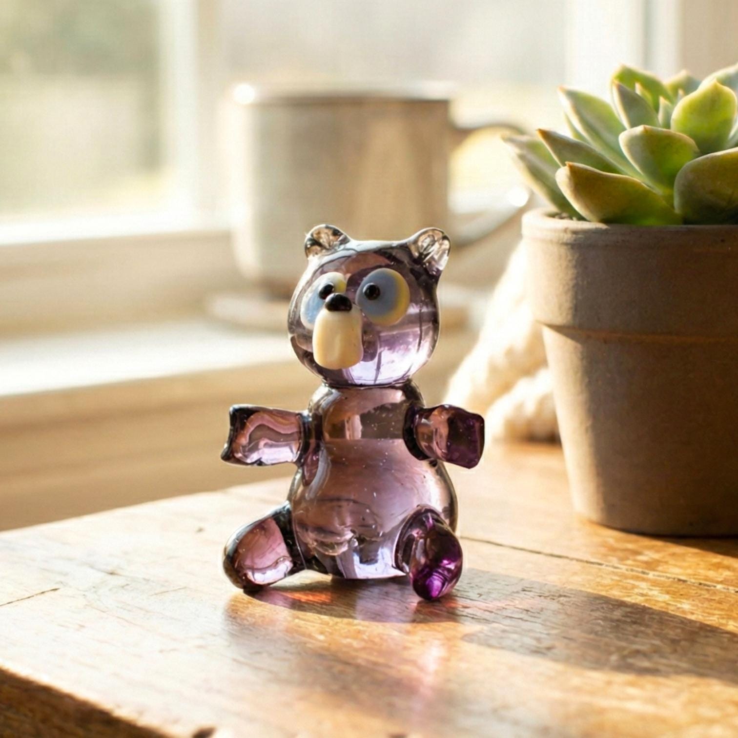 Handmade Glass Teddy Bear, Teddy Bear Decor, Glass Bear Figurine, Woodland Decor, Purple Bear, Glass Sculpture, Glass Animals, Bear Figurine