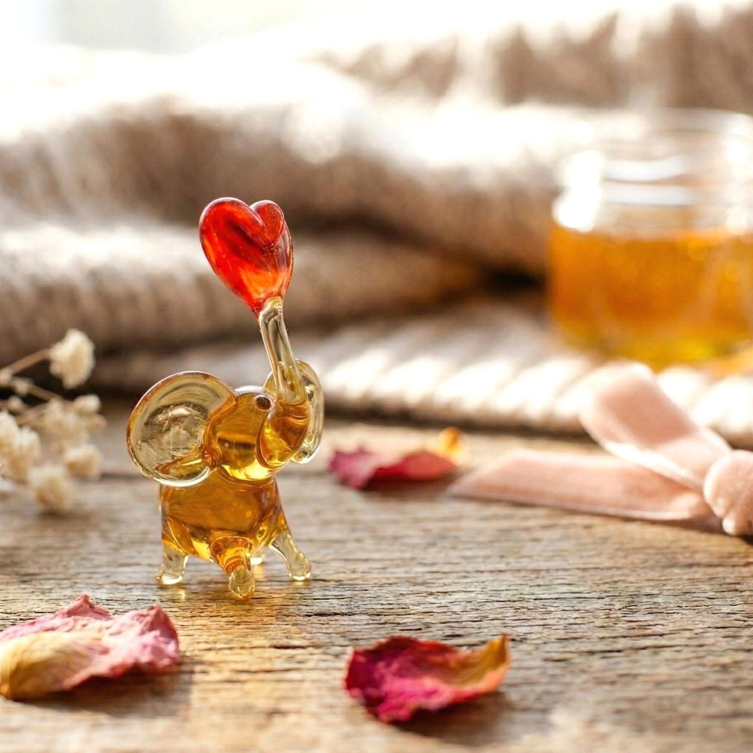 Handmade Yellow Glass Elephant Figurine With Heart - Romantic Valentine’s Day Gift - Blown Glass Animal Desk Decor