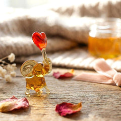 Handmade Yellow Glass Elephant Figurine With Heart - Romantic Valentine’s Day Gift - Blown Glass Animal Desk Decor