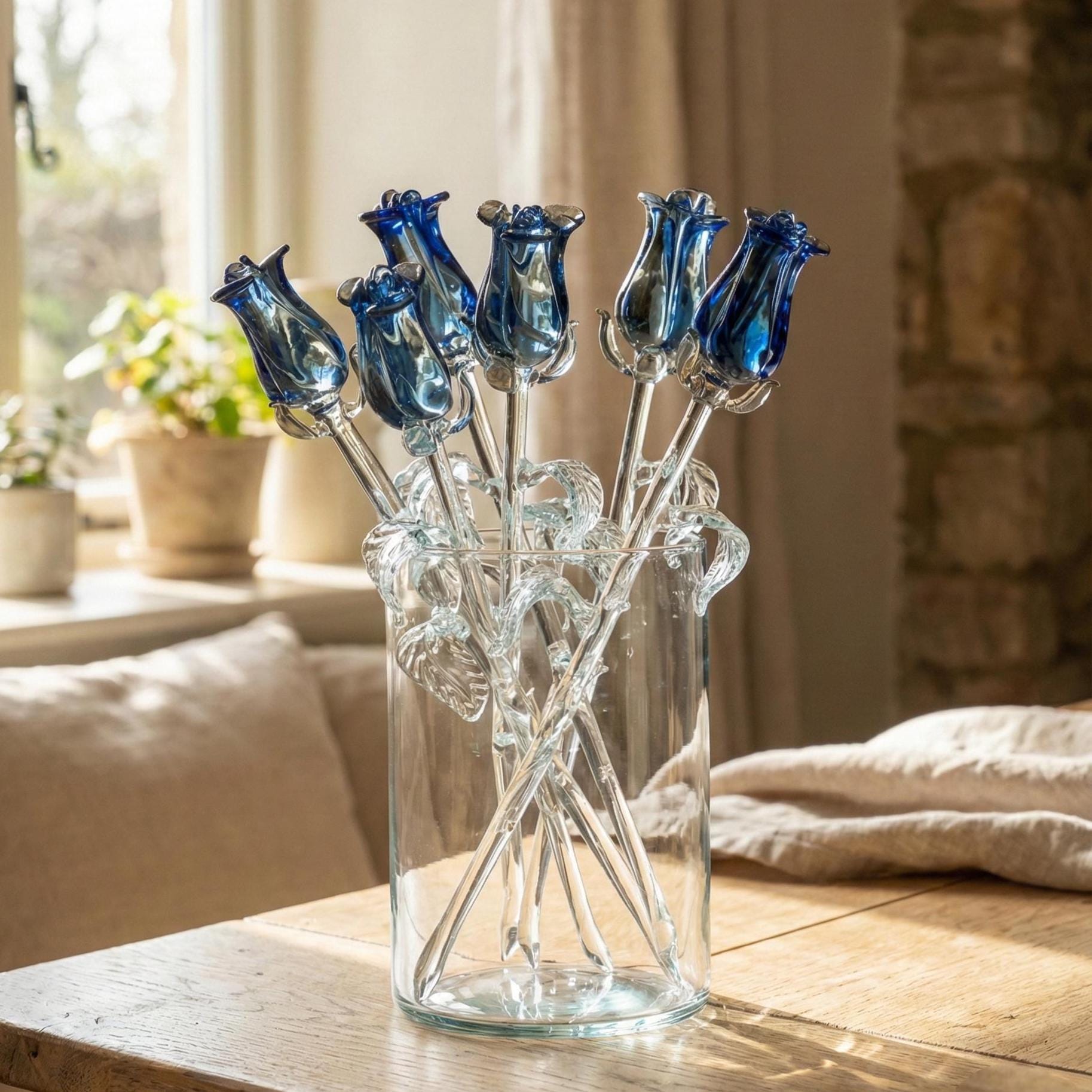 Glass Rose - Glass Flowers Bouquet - Handmade Glass Flowers Rose - Blown Glass Flowers - Blue Glass Rose - Mothers day Gift for Her