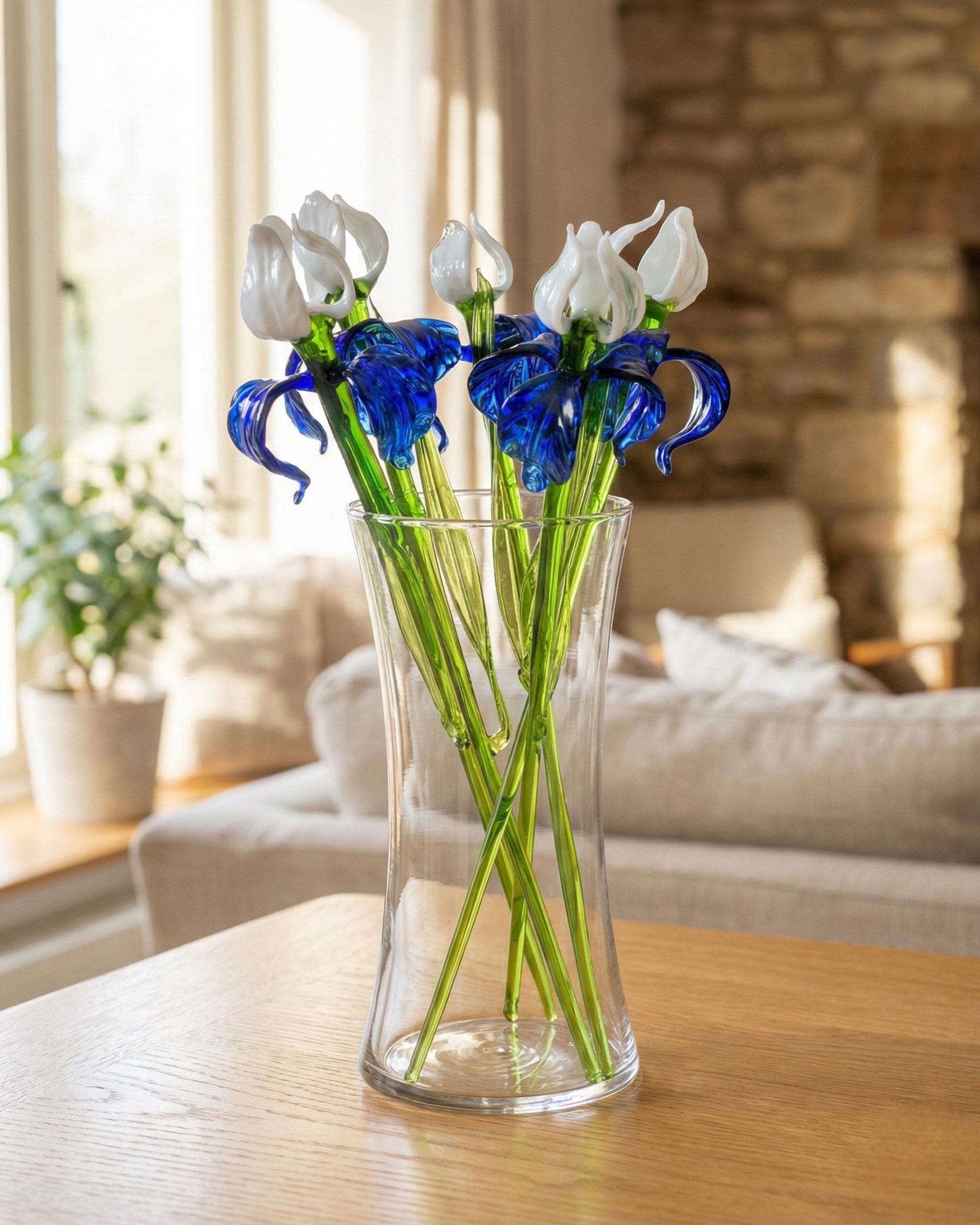 Glass Iris Flower - Lampwork Glass Flowers Bouquet - Long Stem Glass Flowers - Blown Glass Birth Month Flower - Birthday Gift for Her