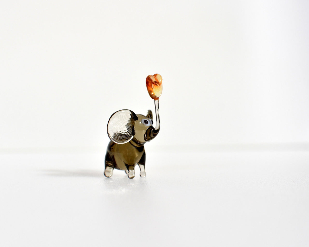 Handmade Brown Glass Elephant Figurine With Heart - Romantic Valentine’s Day Gift - Blown Glass Animal Desk Decor