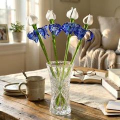 Handblown Glass Iris Flower Bouquet, Blue and White Murano Style Glass Flowers, Birth Flower Art, Collectible Home Decor
