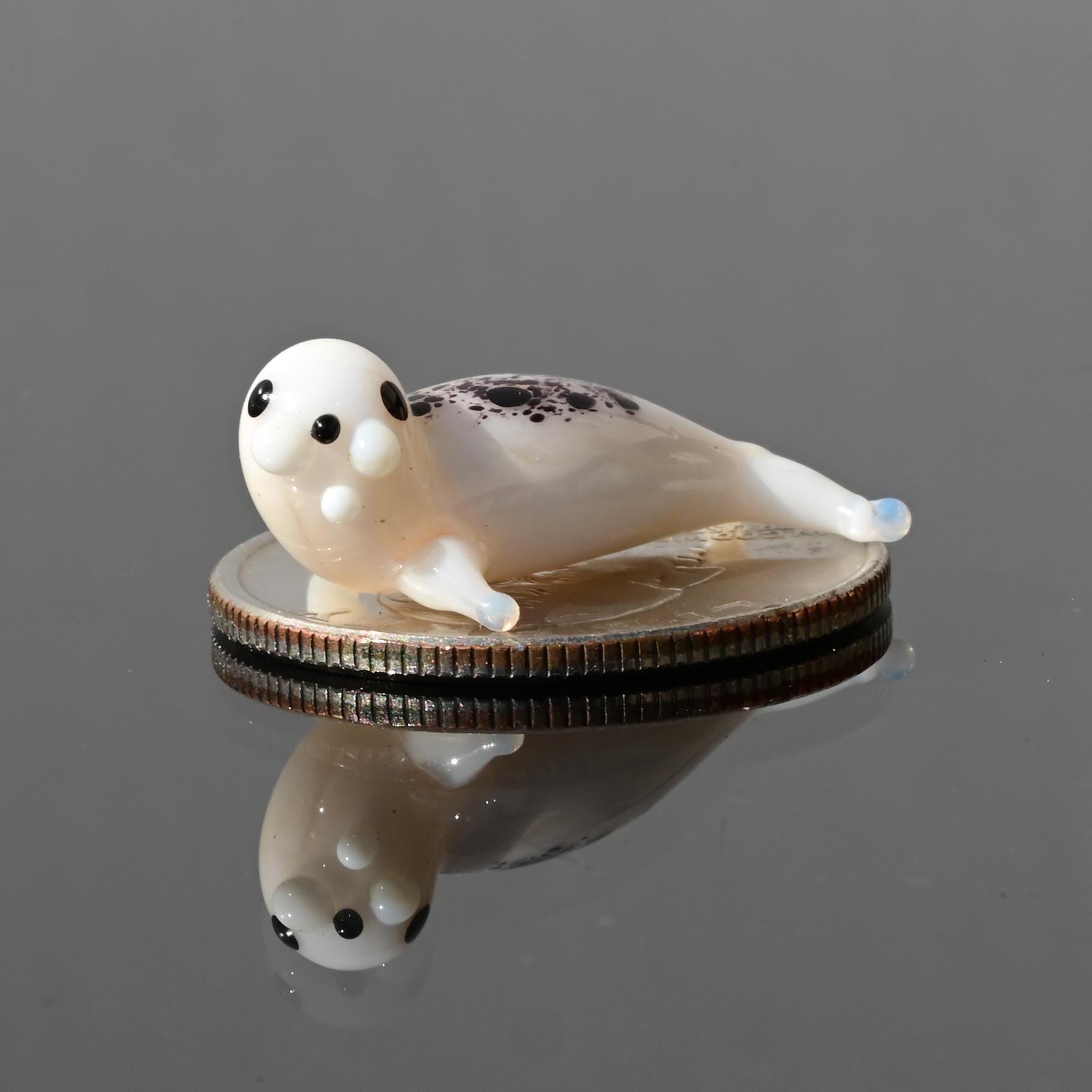 Seal, Tiny Glass Animals, Ocean Art, Sea Animals, Mini Glass Animals, Ocean Decor, Sea Creatures, Glass Figures, White Seal, Spotted Seal