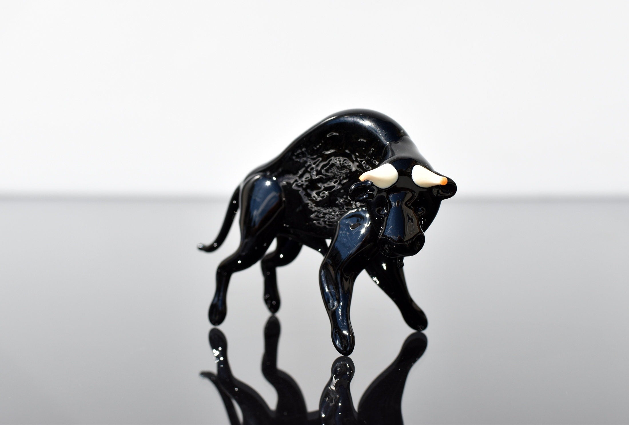 Hand Blown Black Glass Bull, Glass Sculpture, Bull Statue, Bull Sculpture, Glass Paperweight, Glass Animals,