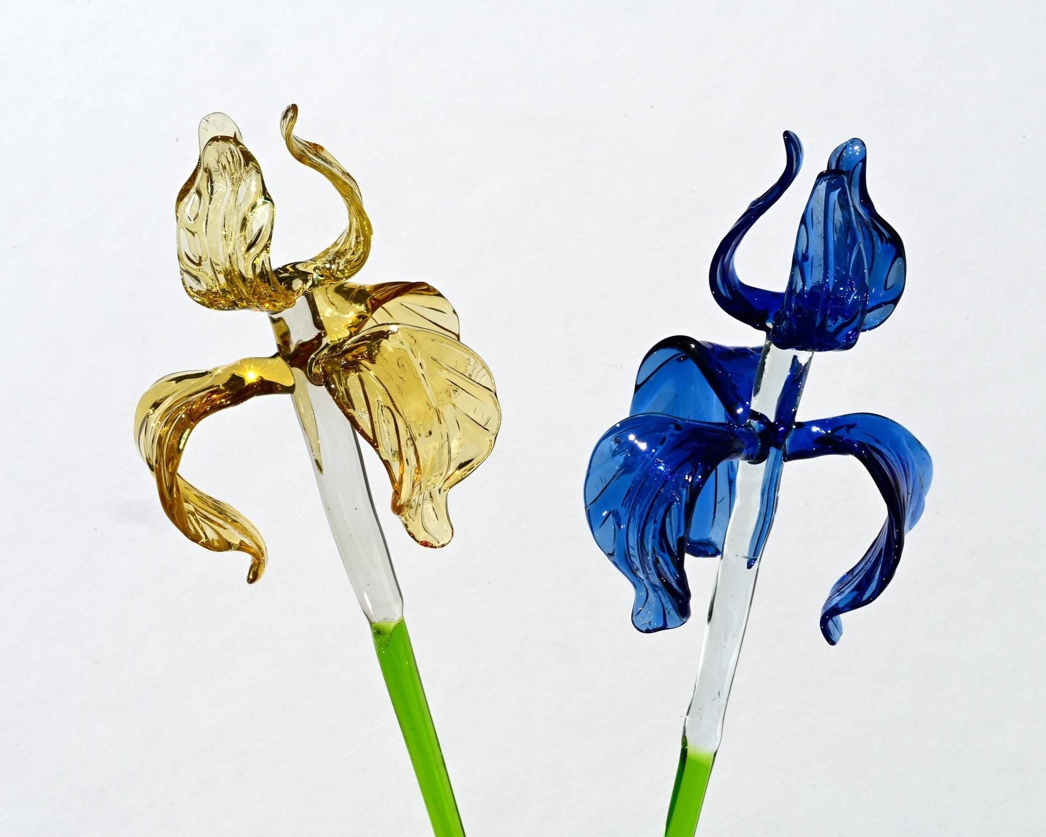 Glass Iris Flowers, Lampwork Glass Flowers Bouquet - Long Stem Glass Flowers - Glass Birth Month Flower - Birthday Gift for Her