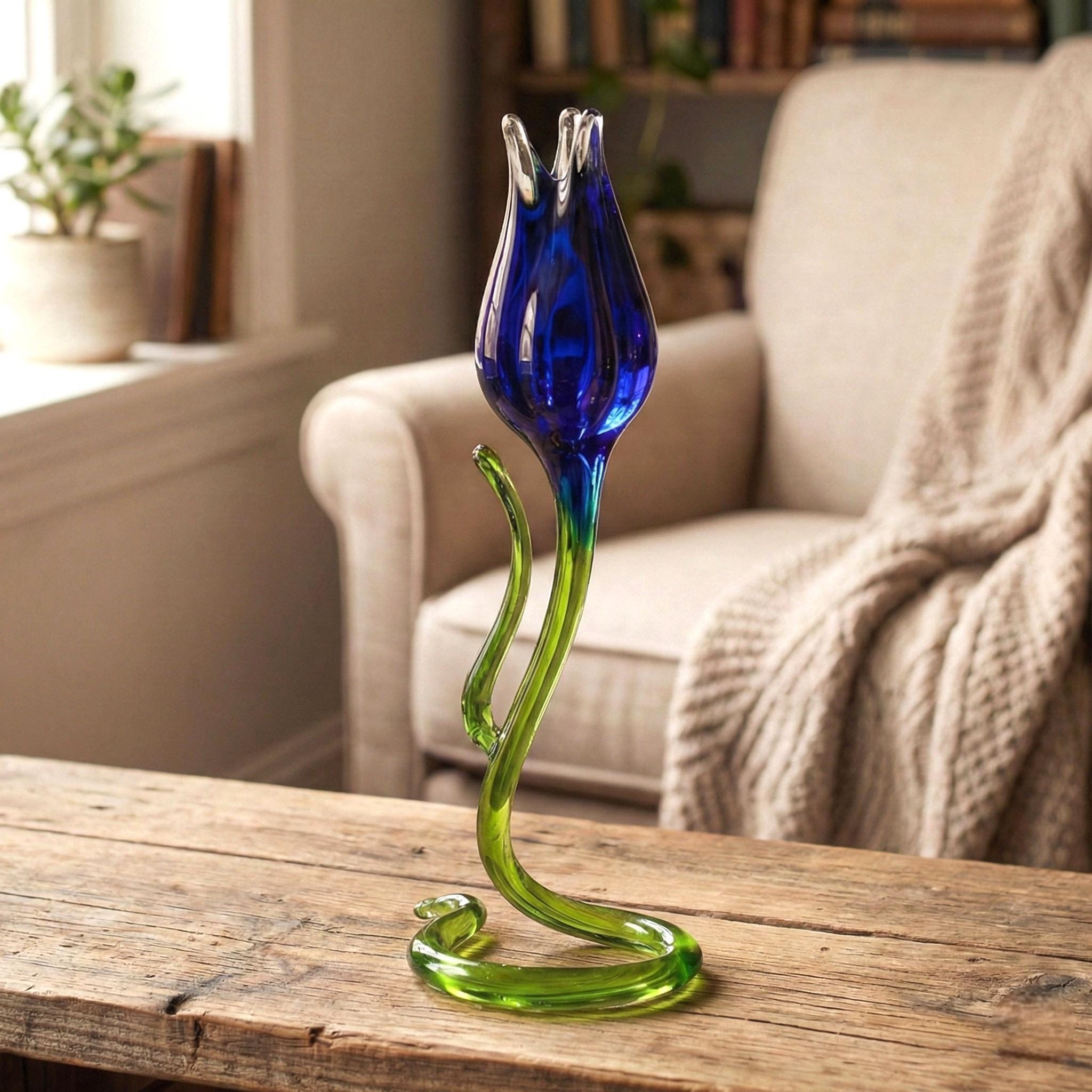 Glass Flower Sculpture, Glass Birth Month Flower with Stem - Glass Sculpture - Blown Glass Tulip - Whimsical Decor & Mothers Gift for Her