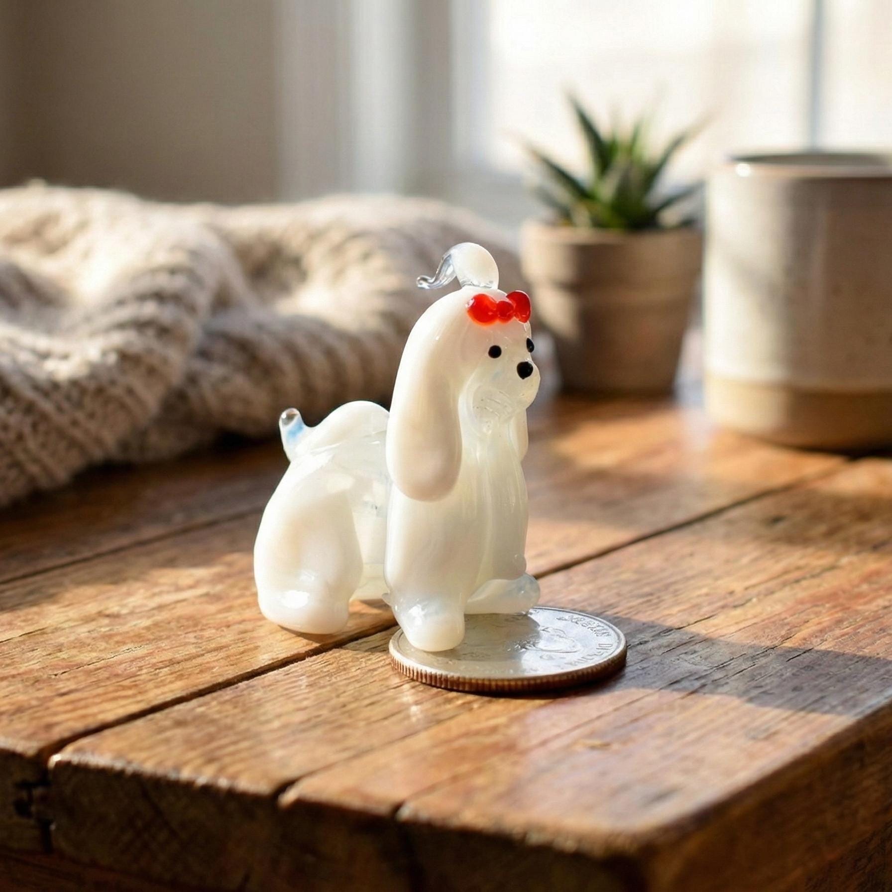Maltese Dog, Dog Figurine, Tiny Glass Animals, Maltese Gifts, Shih Tzu, Miniature Glass Animals, White Dog, Puppy with Bow, Glass Dog