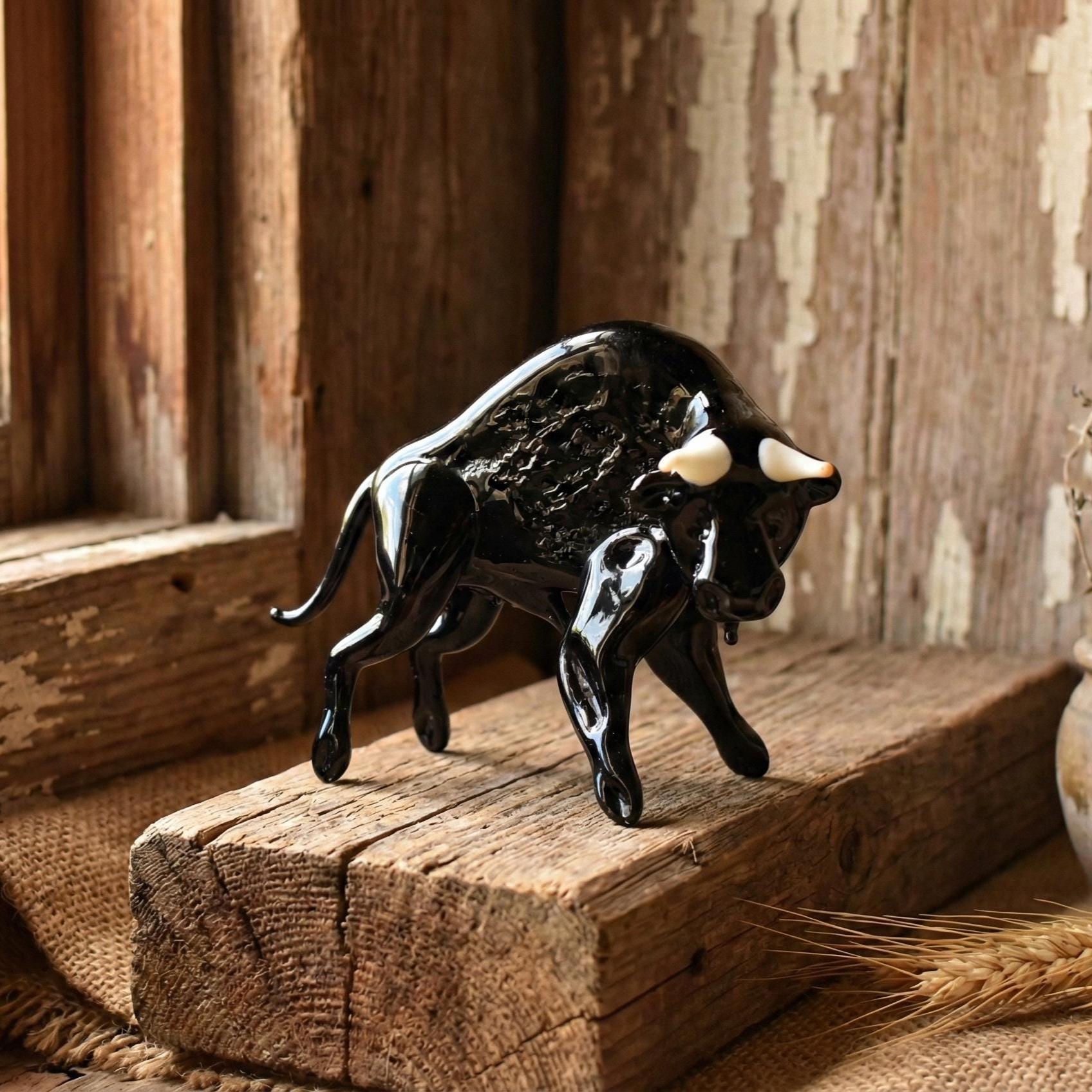 Hand Blown Black Glass Bull, Glass Sculpture, Bull Statue, Bull Sculpture, Glass Paperweight, Glass Animals,