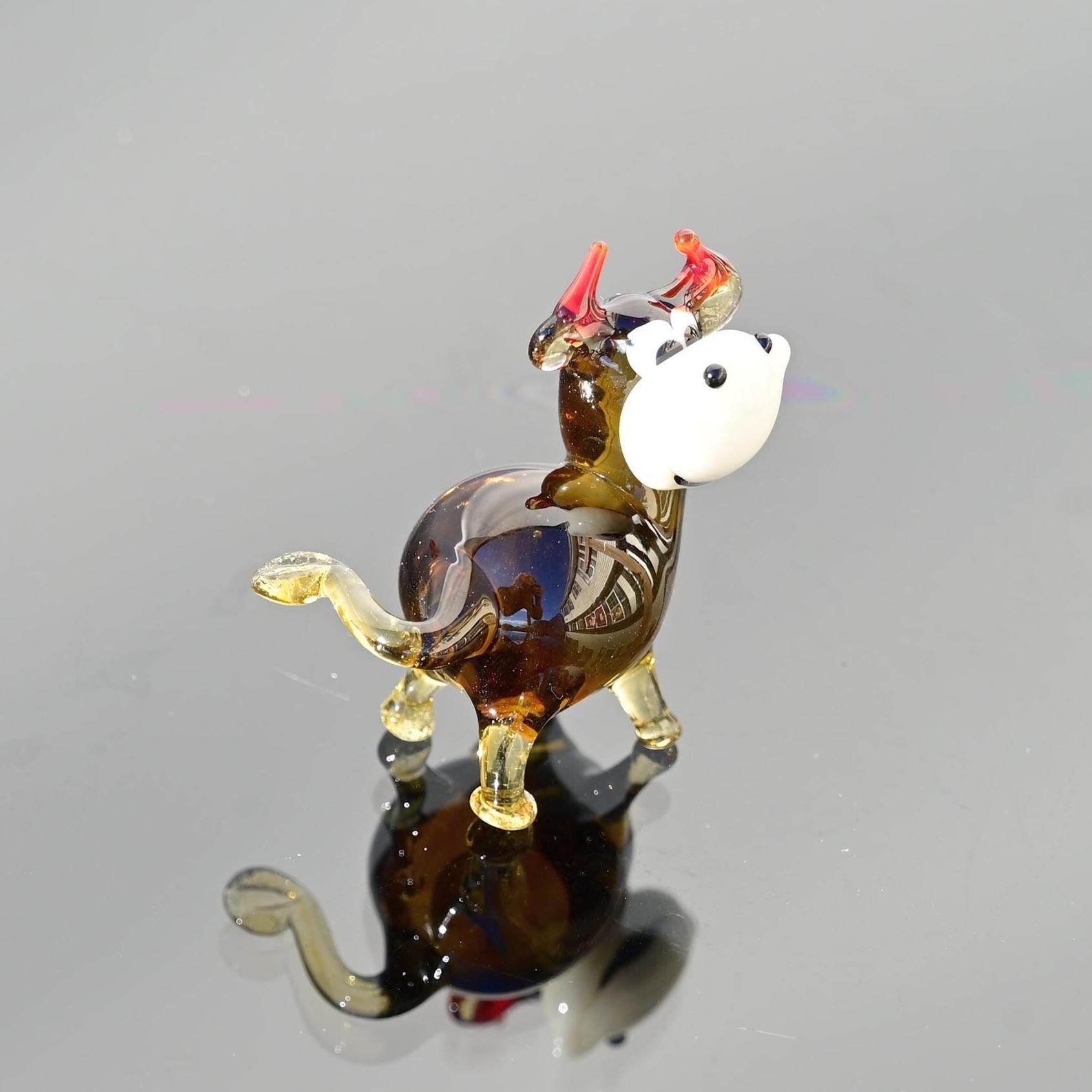 Hand Blown Glass Cow Figurine – Tiny Whimsical Sculpture, Mini Farm Animal Decor Gift
