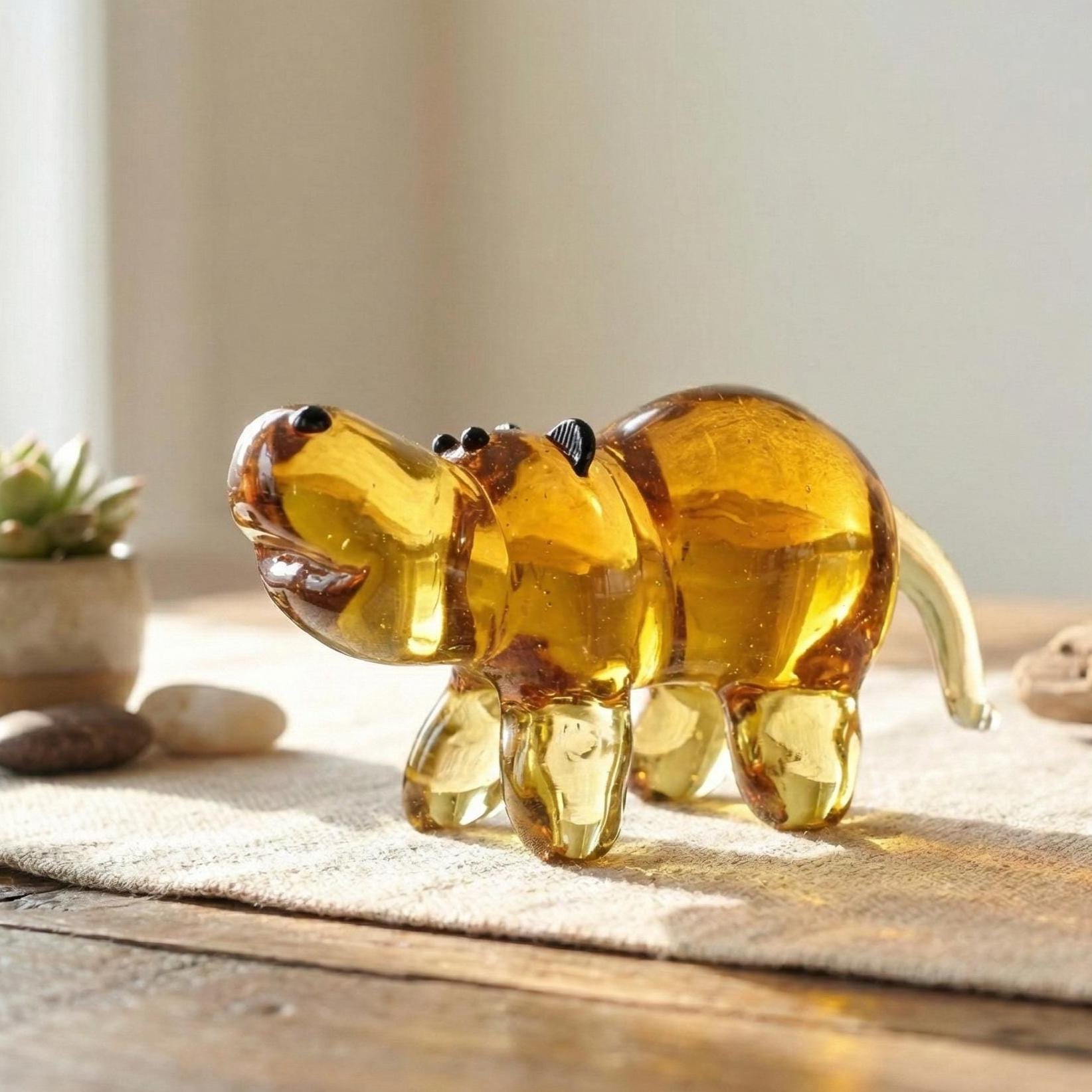 Blown Glass Animals, House Hippo Figurine, Handmade Glass Animals, Amber Hippo, Glass Animal Figurines, Hippo Gifts, Safari Animals