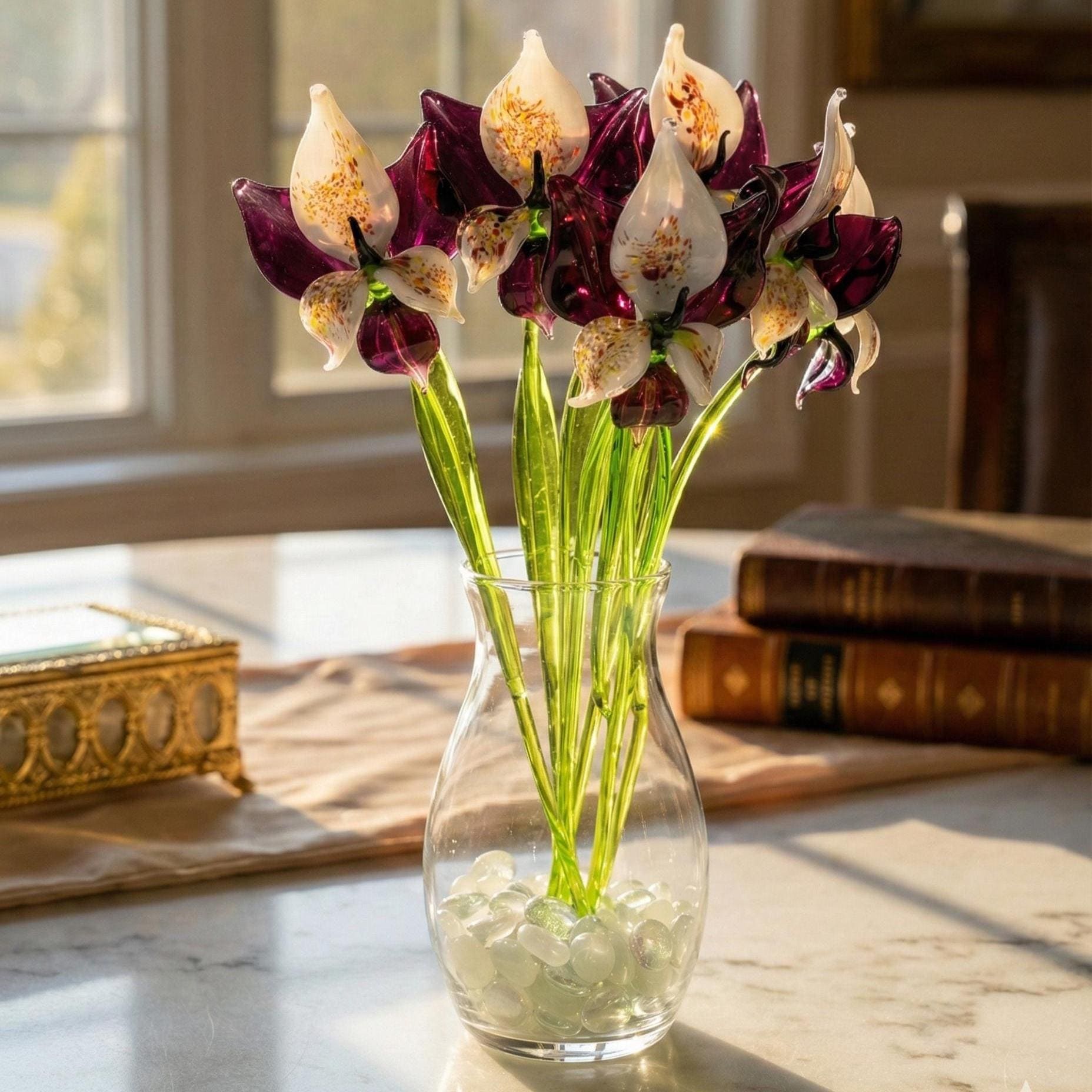 Deep Purple Glass Orchid Flower – Purple Glass Flowers Easter Gift - Handblown Glass Orchid Stem – Gift for Mothers Day & Anniversaries.
