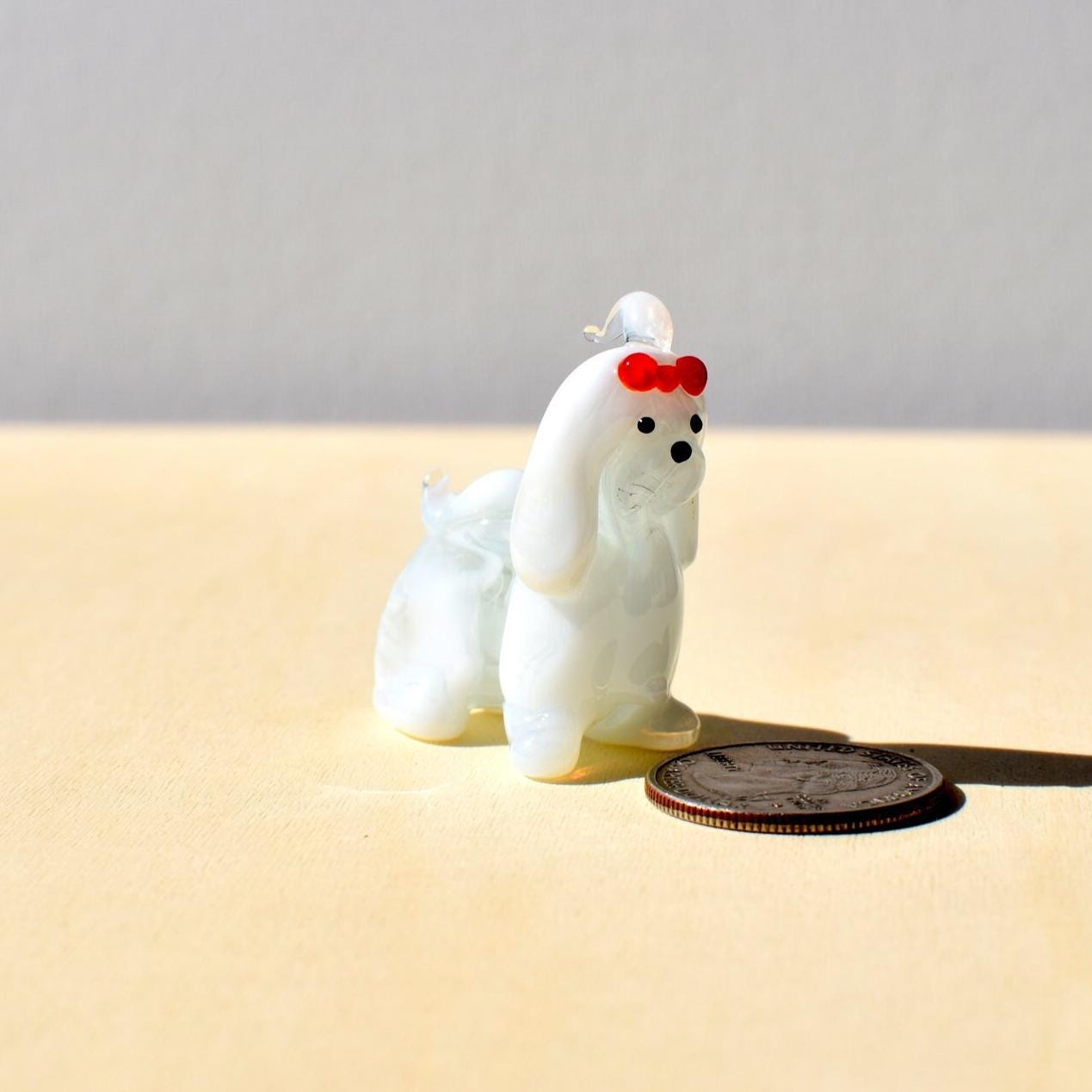Maltese Dog, Dog Figurine, Tiny Glass Animals, Maltese Gifts, Shih Tzu, Miniature Glass Animals, White Dog, Puppy with Bow, Glass Dog