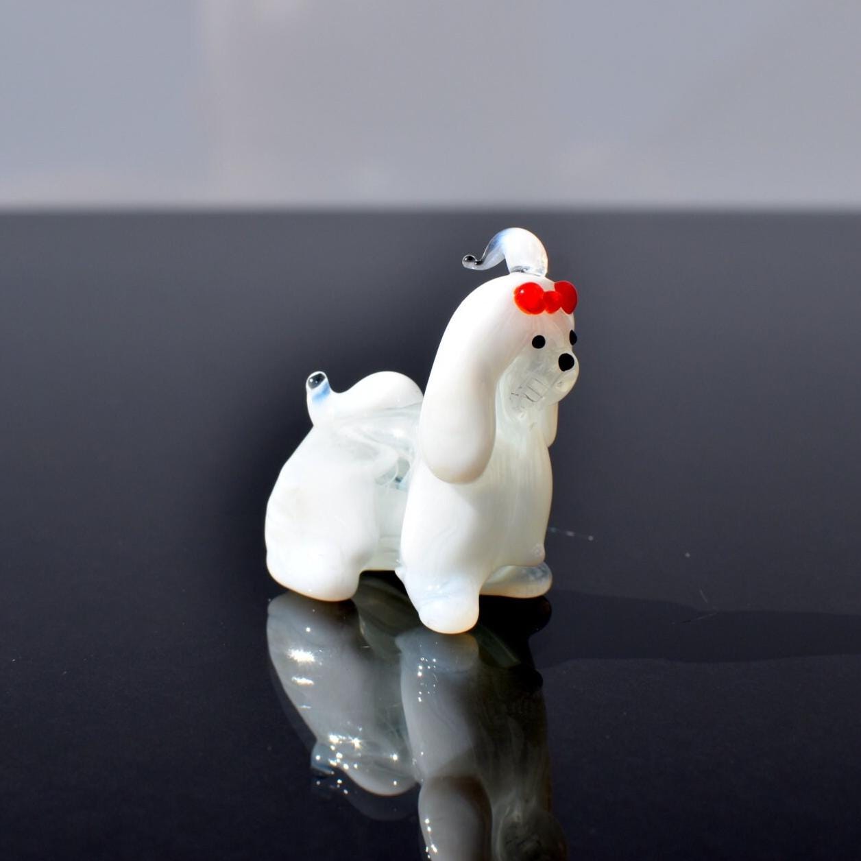 Maltese Dog, Dog Figurine, Tiny Glass Animals, Maltese Gifts, Shih Tzu, Miniature Glass Animals, White Dog, Puppy with Bow, Glass Dog
