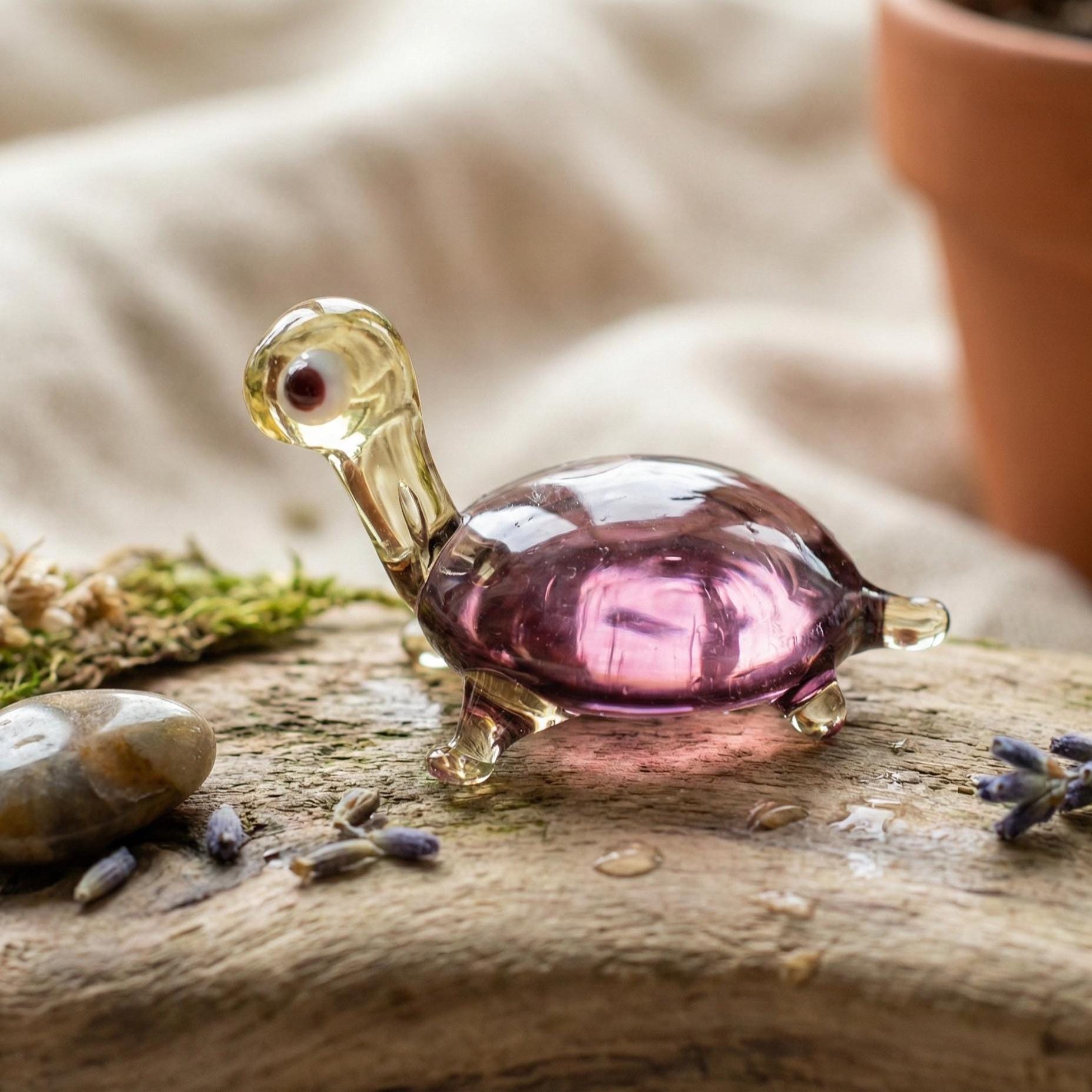 Small Glass Turtle - Purple Turtle Gift - Tiny Glass Animal - Turtle Figurine Decor Gifts for Women - Miniature Glass Animal