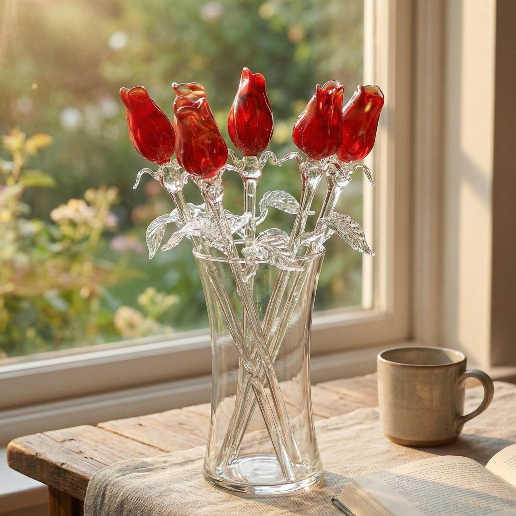 Glass Flower Bouquet - Handmade Glass Flowers Roses - Blown Glass Flowers - Red Glass Roses - Mothers Day Gifts for Her