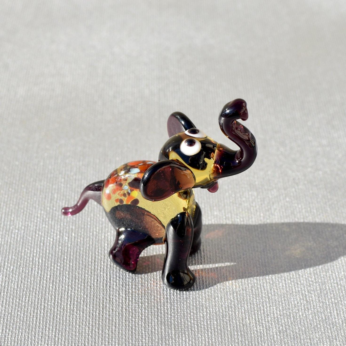 Elephant Art, Blown Glass Animals, Unique Elephant Gifts, Glass Elephant, Tiny Glass Animals, Elephant Figurine, Spotted, Purple, Amber