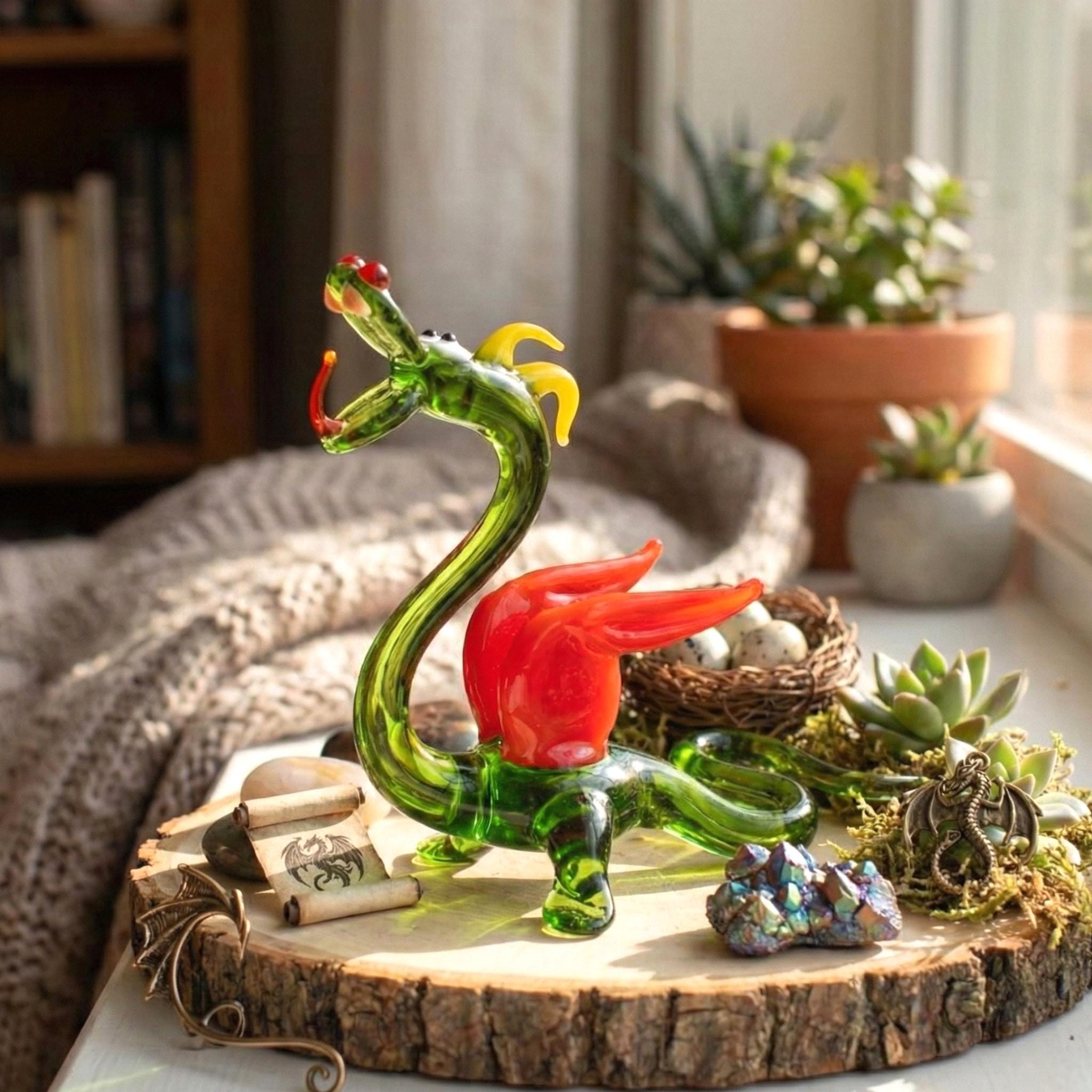 Dragon Statue, Fantasy Decor, Green Glass Dragon, Glass Sculpture, Dragon Gifts, Dragon Decor, Fantasy Art, Red Wings, Blown Glass, Art